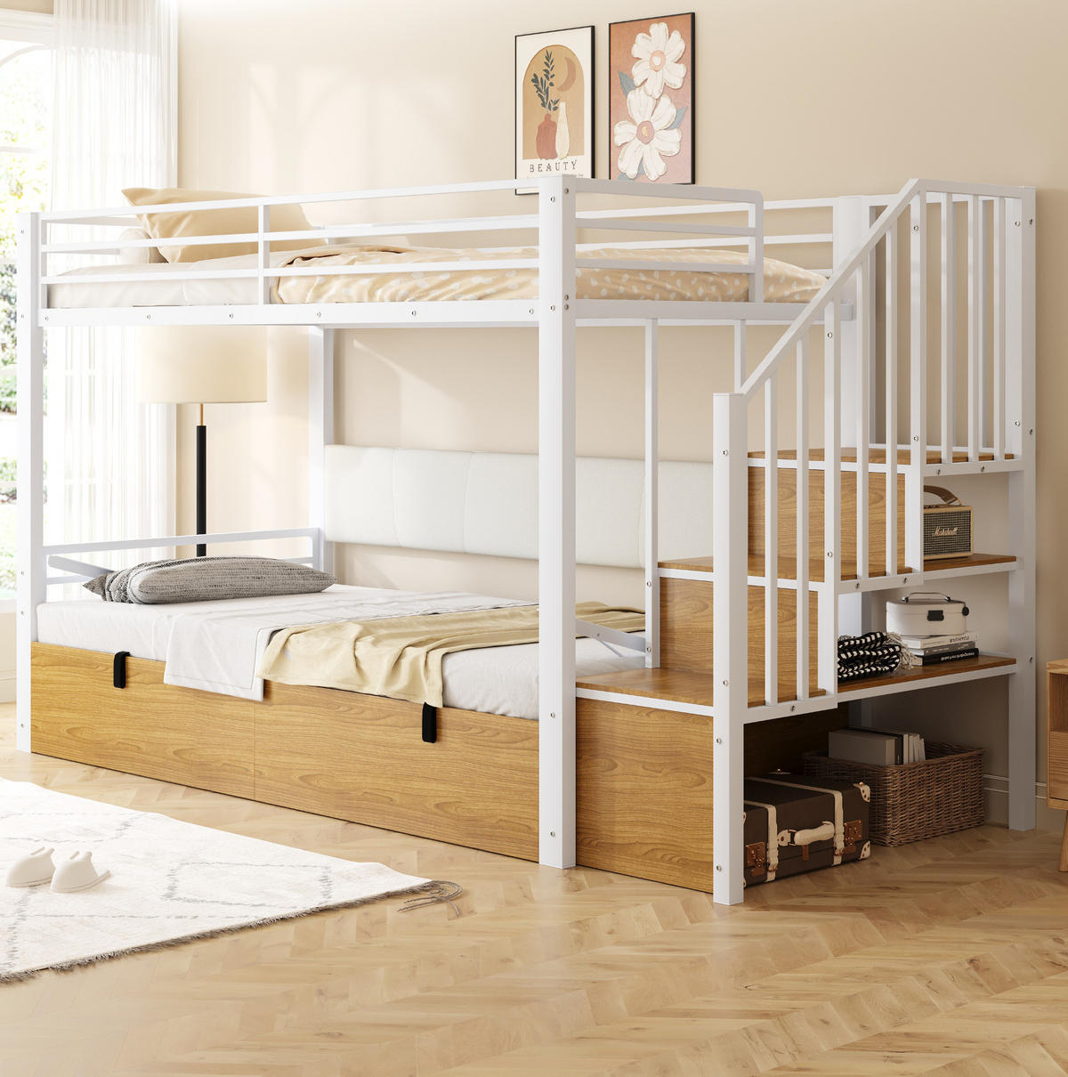 VISOKI krevet 90/200 cm s hidrauličnim spremištem, stepenicama s pretincima i visokim zaštitnim ogradama, Bijeli - bijela, metal (90/200cm) - Redom