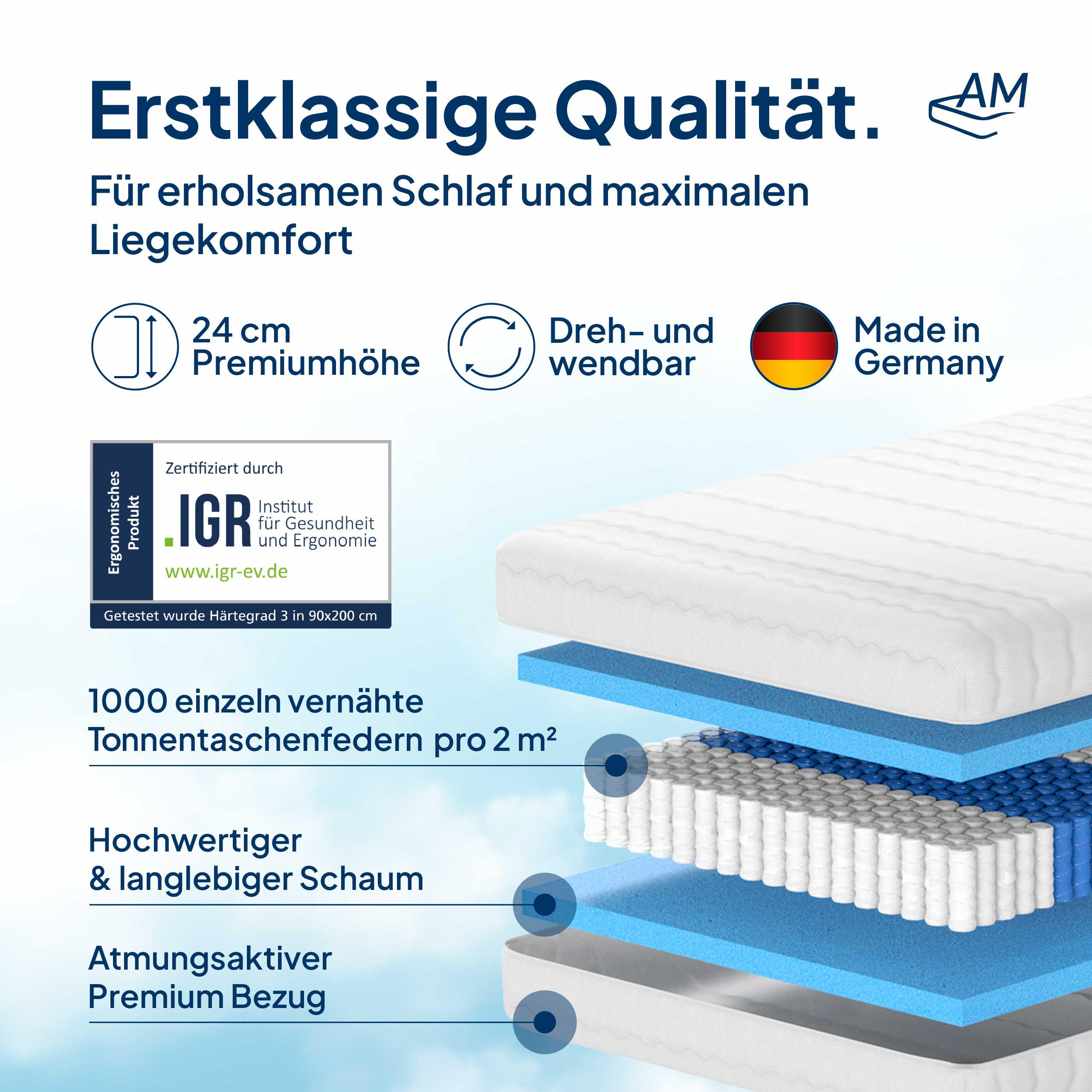 Thumbnail - AM Qualitätsmatratzen Taschenfederkernmatratze, Weiß, Textil, Uni, H3, Füllung: Taschenfederkern, Rechteckig, 120x220 cm...