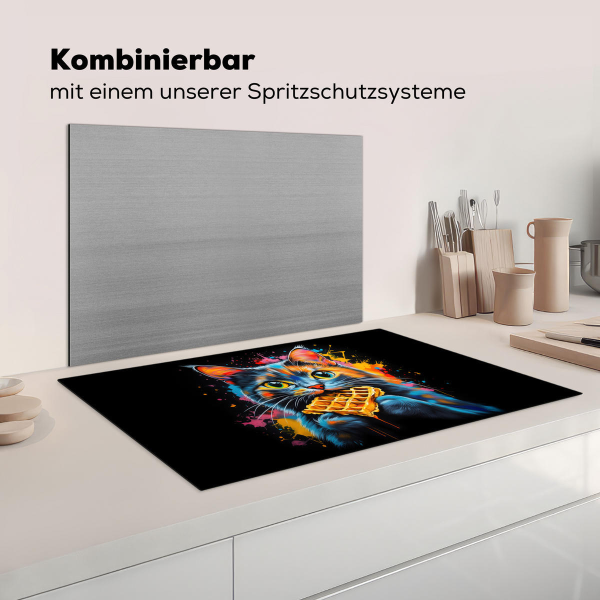 HERDABDECKPLATTE Katze - Graffiti - Bunt - Waffel - Essen Ceranfeldabdeckung 85x52 cm - Multicolor, Kunststoff (85/52/0.2cm) - MuchoWow