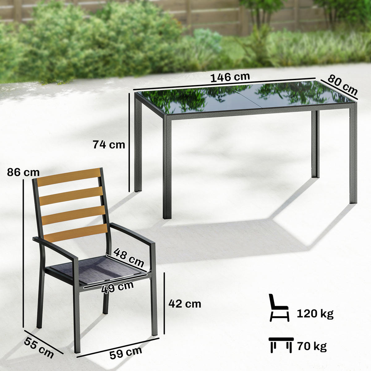 GARTEN-ESSSET 7-teilig,Tisch+Stühle für 6 Personen,schwarz - Grau, Metall - Vallsero