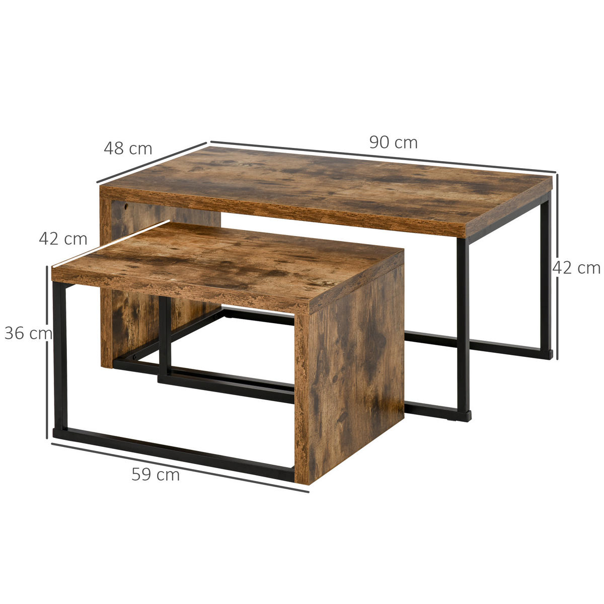 COUCHTISCH DE-15730 2er-Set nestbar, industrieller Stil Schwarz - Braun, Holzwerkstoff (90/48/42cm) - ComfortXL