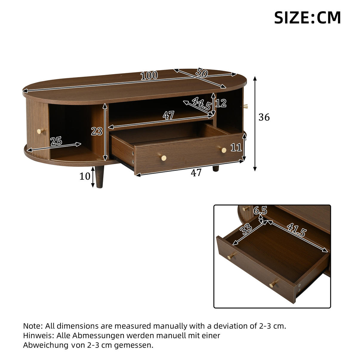 KONFERENČNÍ stolek z MDF 100x50x36 cm ořechová barva s 1 zásuvkou, otevřenou policí a roletovými dvířky - barva vlašského ořechu, kompozitní dřevo (100/50/36cm) - Modfu