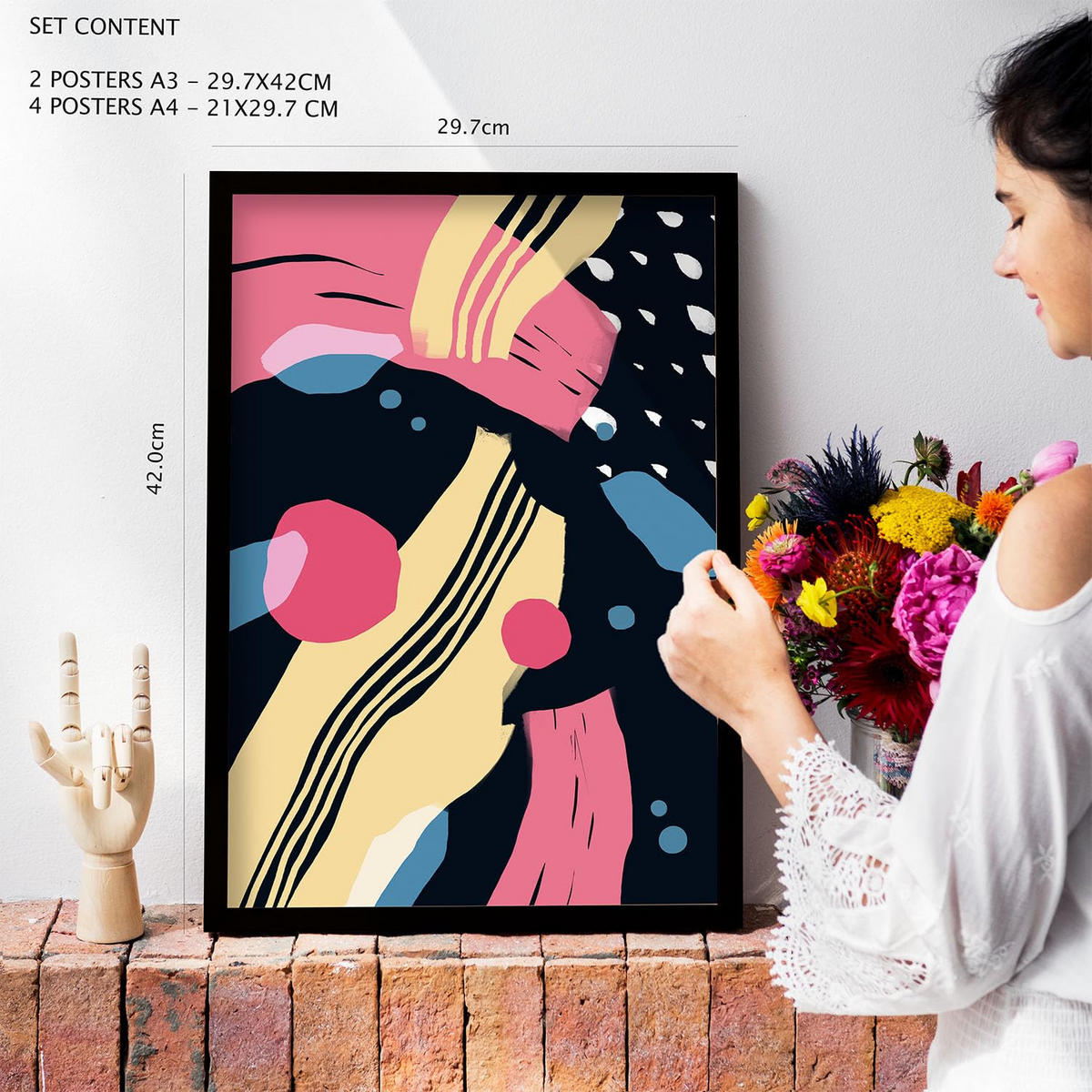 POSTER Set Mit 6 Verhaltensmodi In Liebhaber Abstrakt Ästhetische Dekorative Gemälde Für Ihr Wohnzimmer Zuhause A3 & A4 Rahmen Aus Hellem Holz - Beige, Papier (29/3cm) - Nacnic