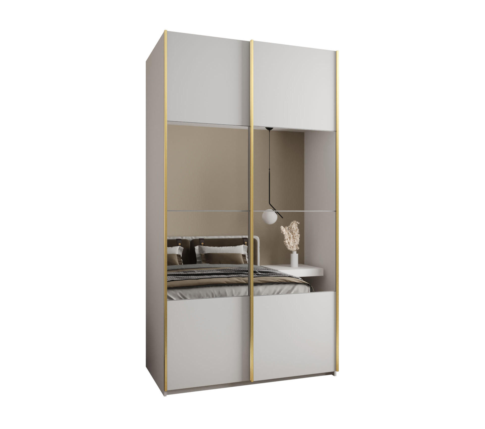 Abiks Möbel Schwebetürenschrank Weiß, Weiß, Gold 140x245x64 cm