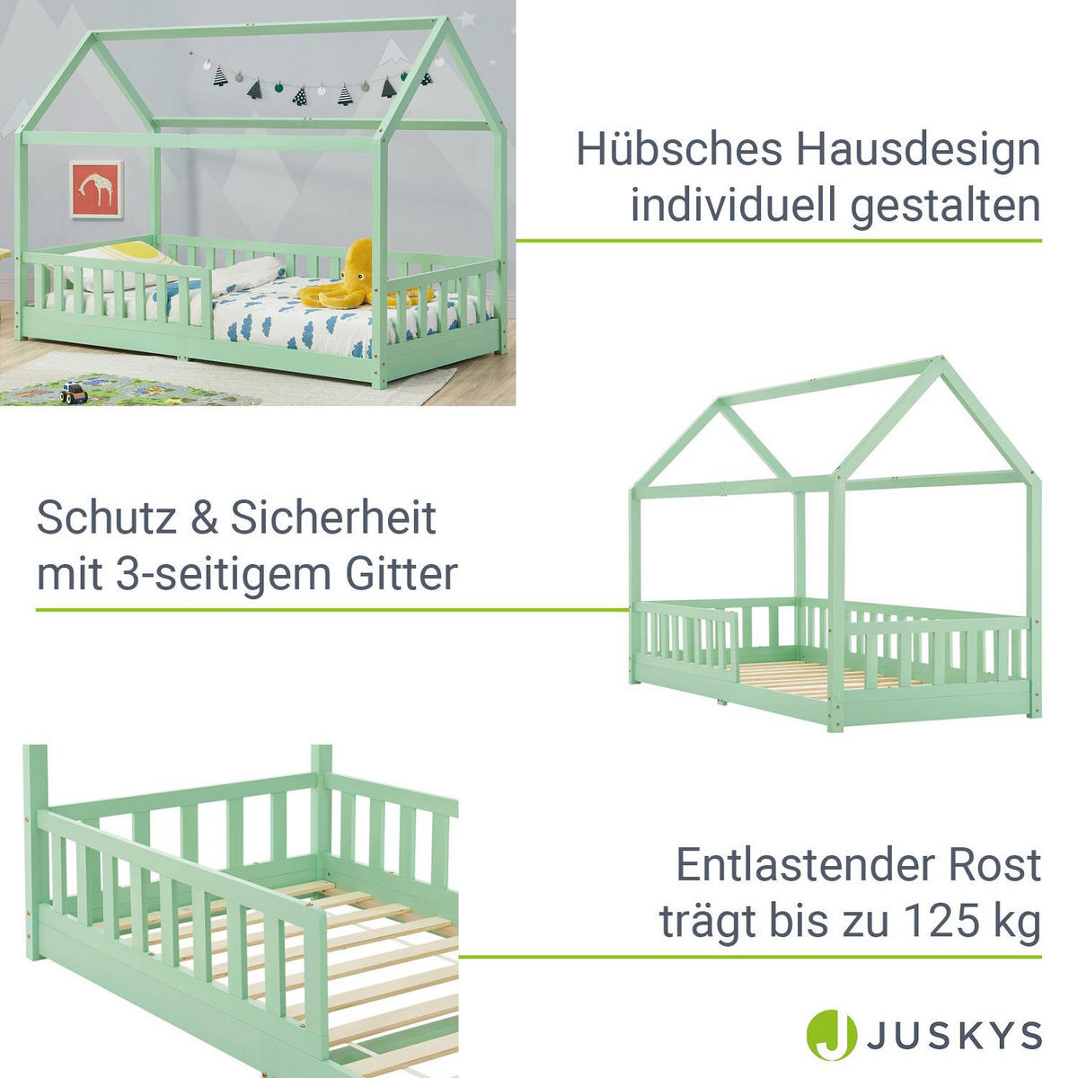 KINDERBETT Marli mit Matratze mint 90x200 cm - Mintgrün, Holz (90/200cm) - Juskys