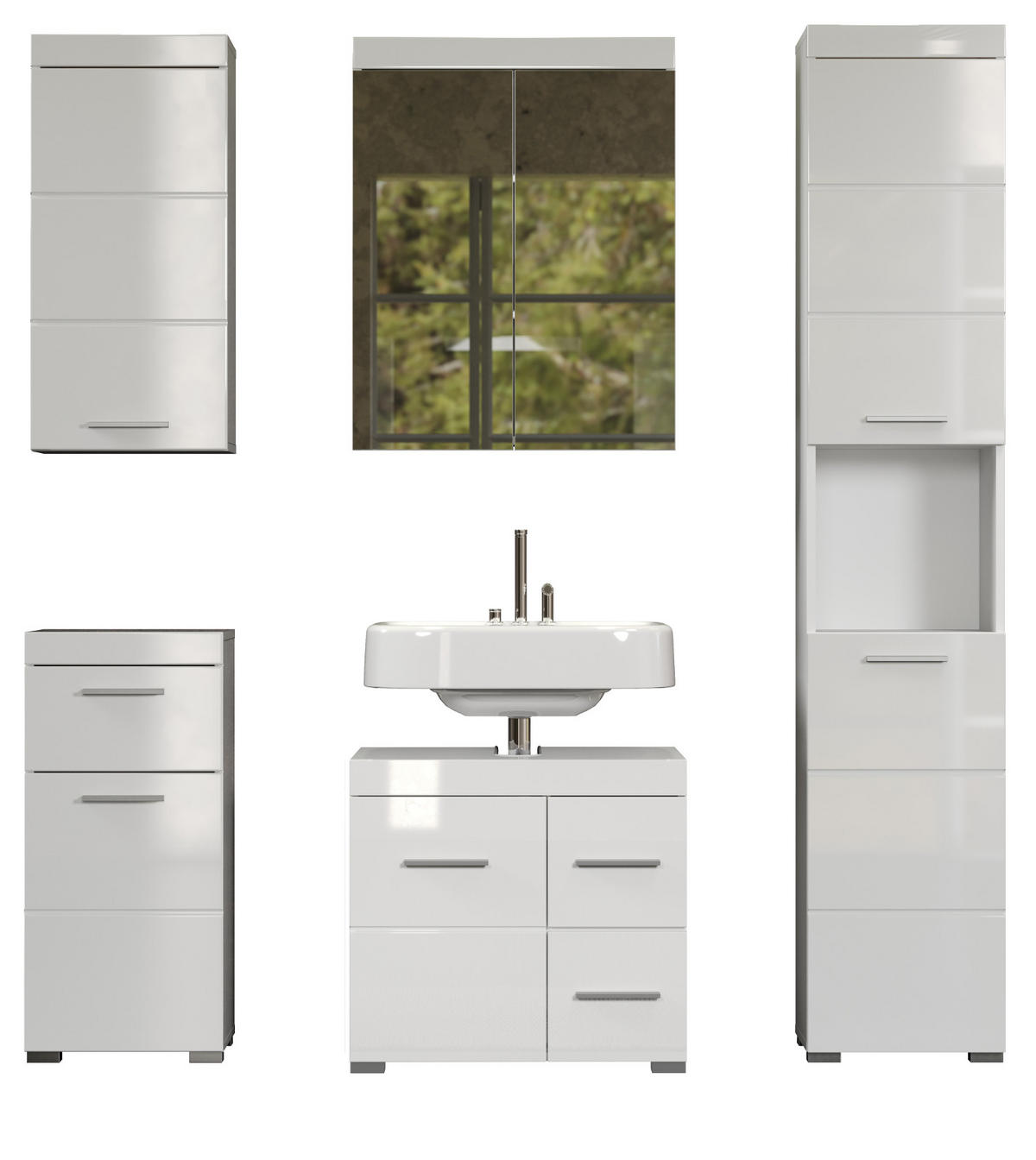 BADMÖBEL-SET weiß Hochglanz 5-teilig 163 x 190 cm, Badezimmer-Schränke mit viel Stauraum - Weiß Hochglanz/Alufarben, Glas/Holzwerkstoff (163/190/34cm) - Top.Furn