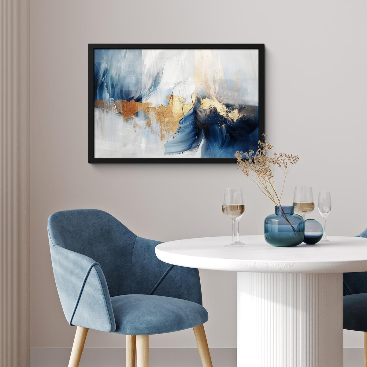 POSTER MIT RAHMEN Gold - Blau - Aquarell - Kunst - Modern 60x40 cm - Hellblau, Papier (60/40cm) - MuchoWow