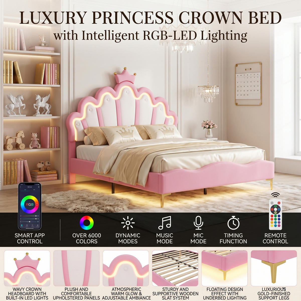 POLSTERBETT Bogen-Krone mit 2-Zonen-LED & Goldbeinen 140/200 cm PU-Leder Rosa - Pink, Leder (140/200cm) - Creahappy