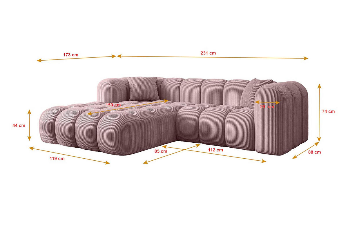ECKSOFA Ottomane Links OLEA-L1 - 231x173x74 cm Rosa Cord - Schwarz/Rosa, Holzwerkstoff/Kunststoff (190/242cm) - ALTDECOR