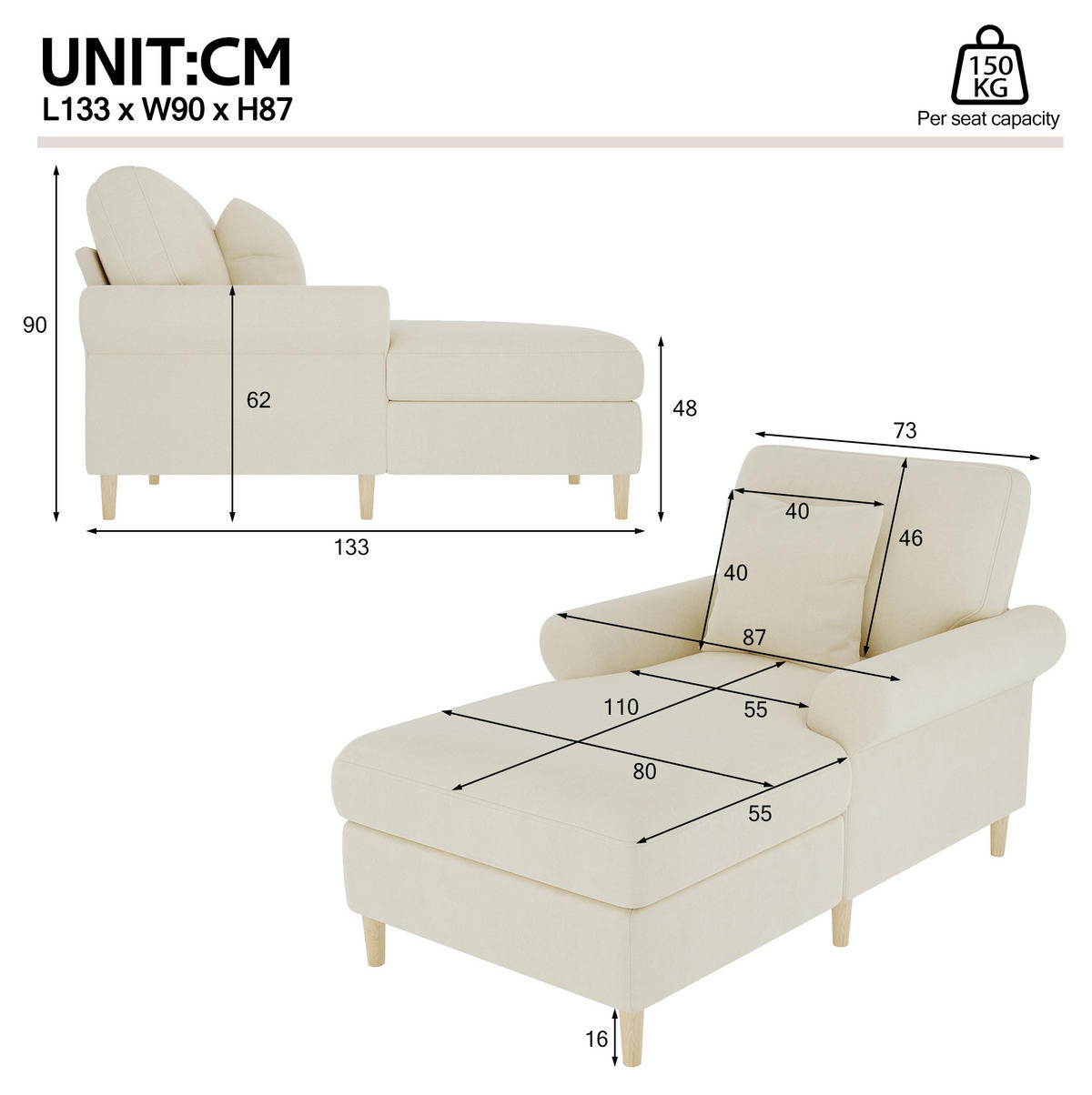 SCHLAFSESSEL 133/87/90 cm in Beige aus Samt mit Liegefunktion und Kissen - Beige, Textil (87/90/133cm) - Flora Grace