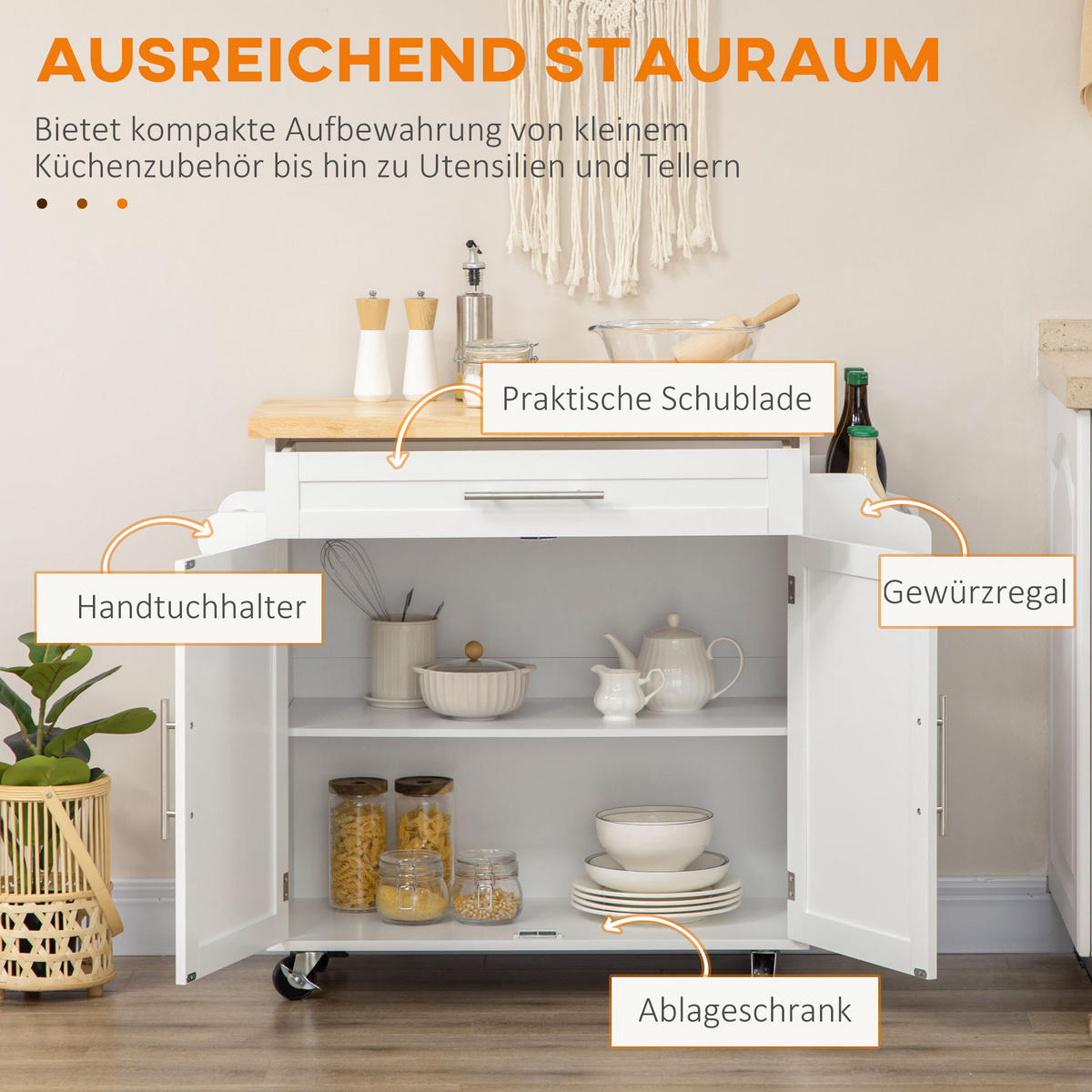 KÜCHENINSEL 109/40/89 cm mit Schublade, Schrank, Gewürzregal und Rollen, MDF, Weiß - Weiß, Holzwerkstoff (109/89/40cm) - Redom