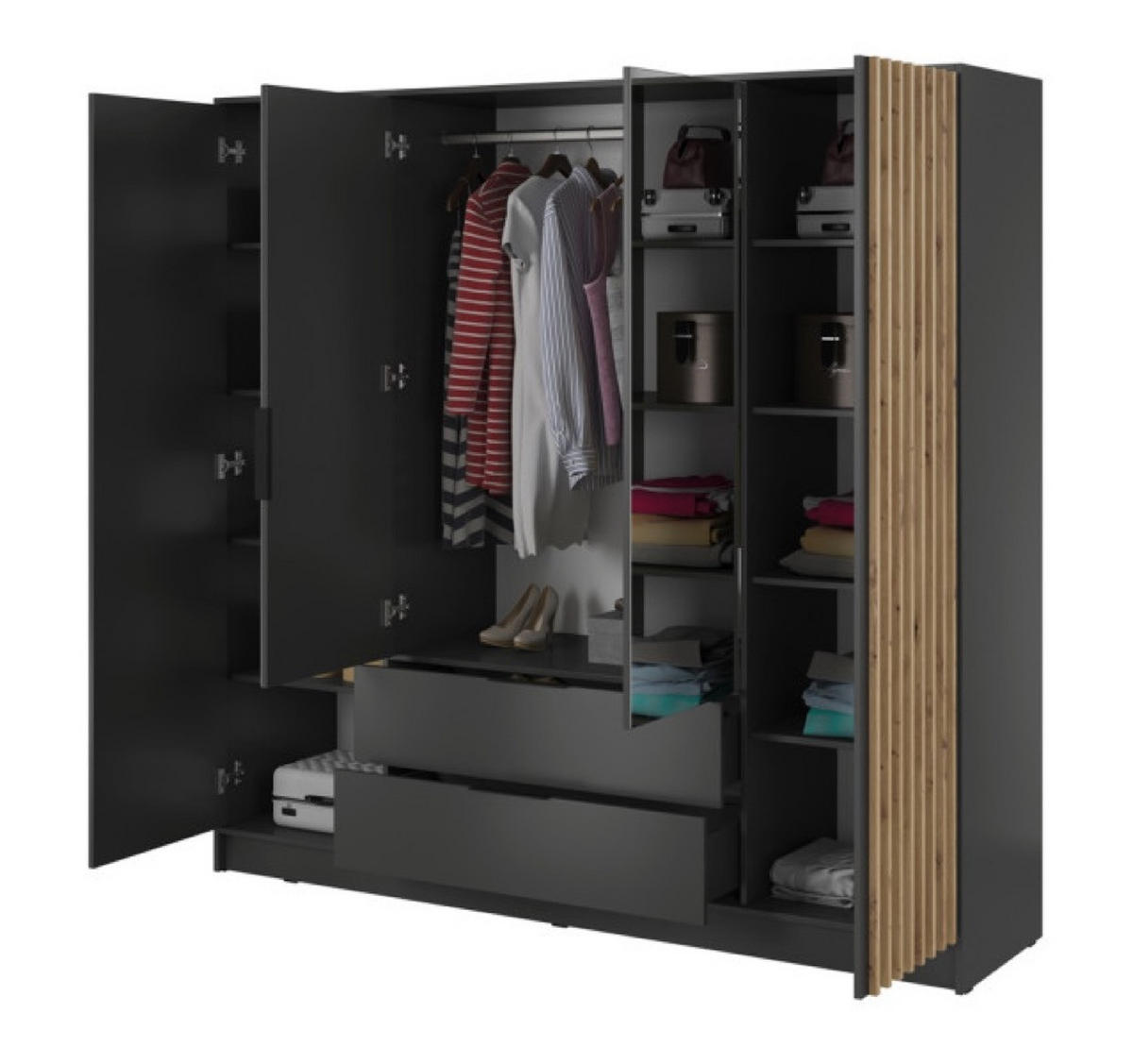 SCHRANK Grafit Kelly Mit Lamellen Und Spiegel 206 cm - Transparent/Graphitfarben, Holzwerkstoff (206/200/51cm) - Sepro Meble