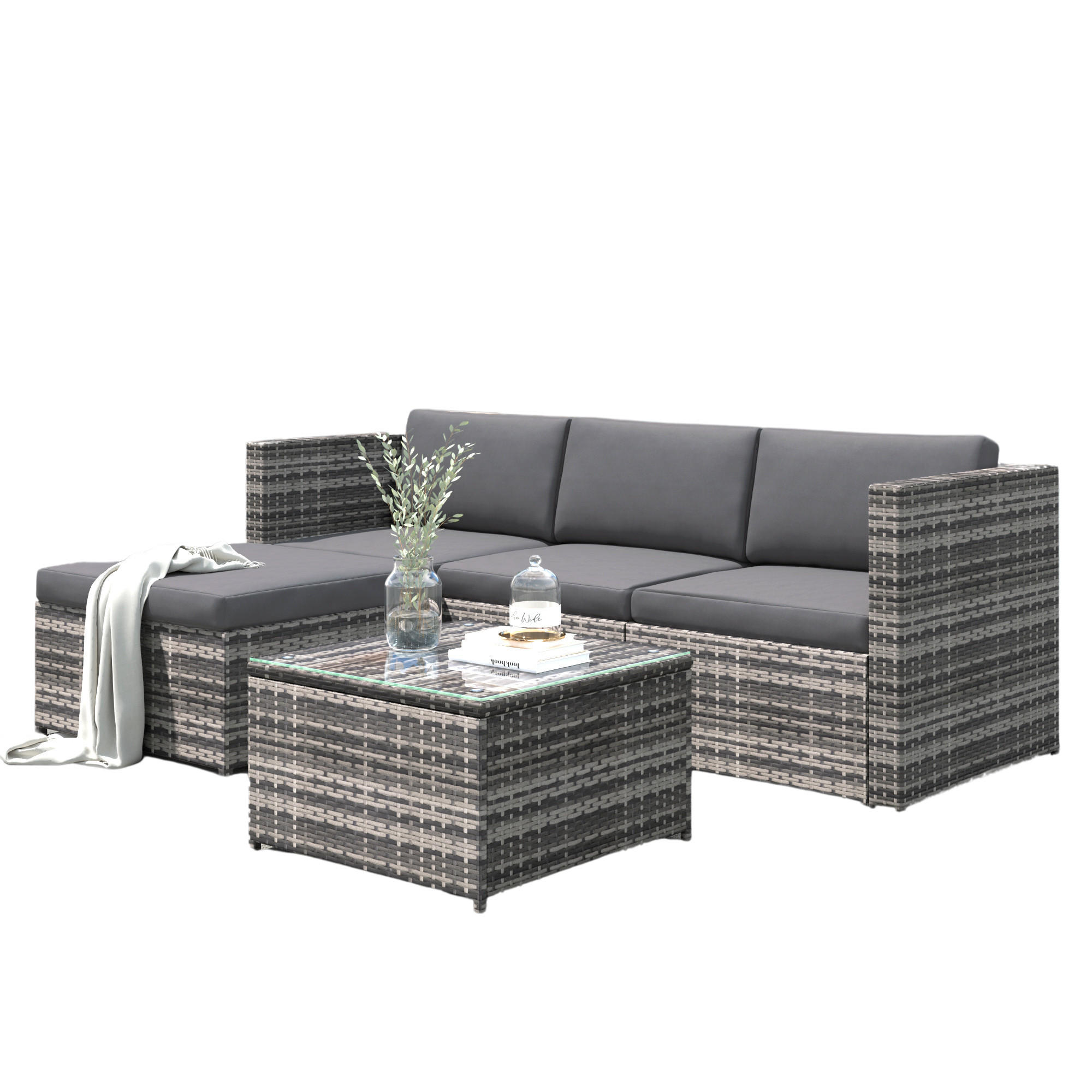 LOUNGESET Grau Poly Rattan Mit Sitzkissen & Glastisch - Grau, Metall - FLIEKS