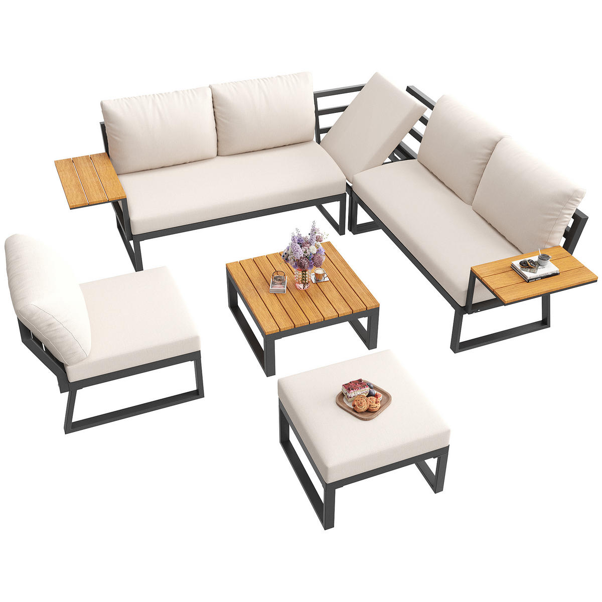 GARTEN-LOUNGE-SET L-Form Grau/Beige 6-tlg. - Beige, Metall - ComfortXL