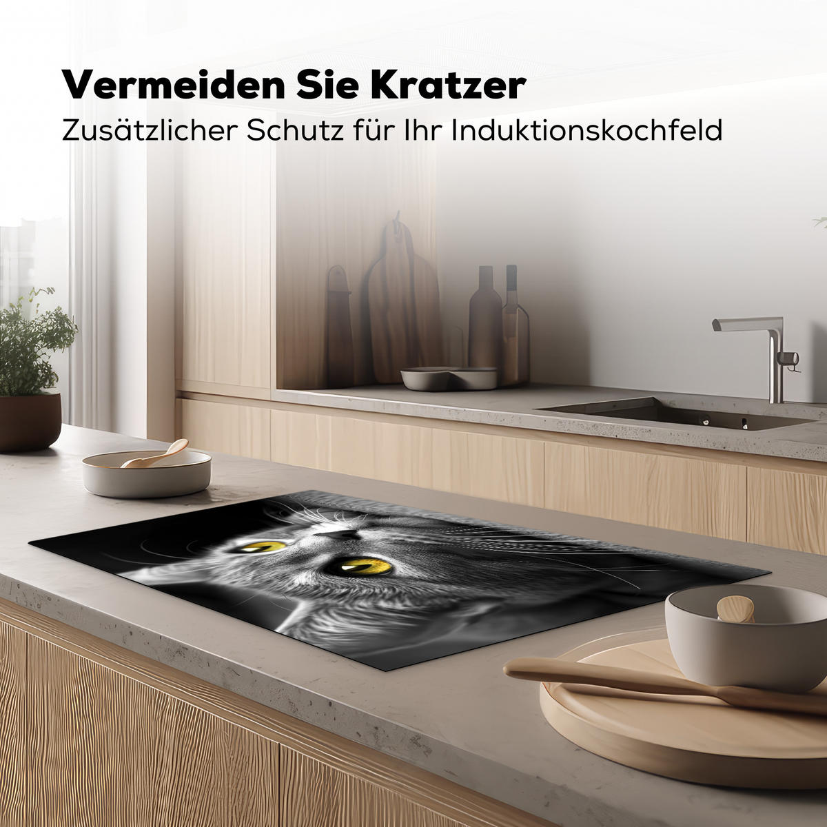 HERDABDECKPLATTE Katze - Grau - Tiere - Katze Ceranfeldabdeckung 85x52 cm - Grau, Kunststoff (85/52/0.2cm) - MuchoWow