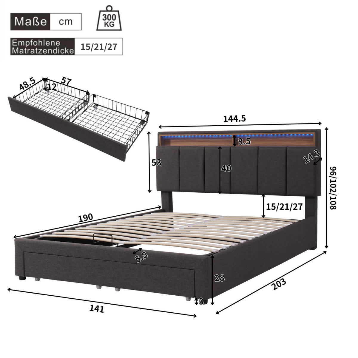 POLSTERBETT 140x190 cm Grau Leinen LED USB Bettkasten - Grau, Holz (140/190cm) - SHOPENTRA