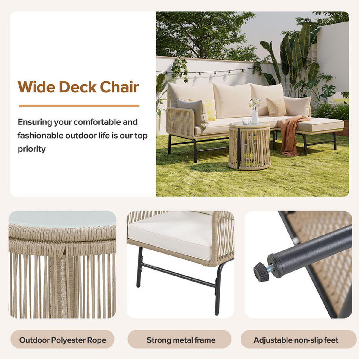 GARTENLOUNGE-SET BEIGE mit 2 Zweisitzern 2 Sesseln und 2 Tischen Seilgeflecht inkl. Kissen - Beige, Textil - BLACKCUP