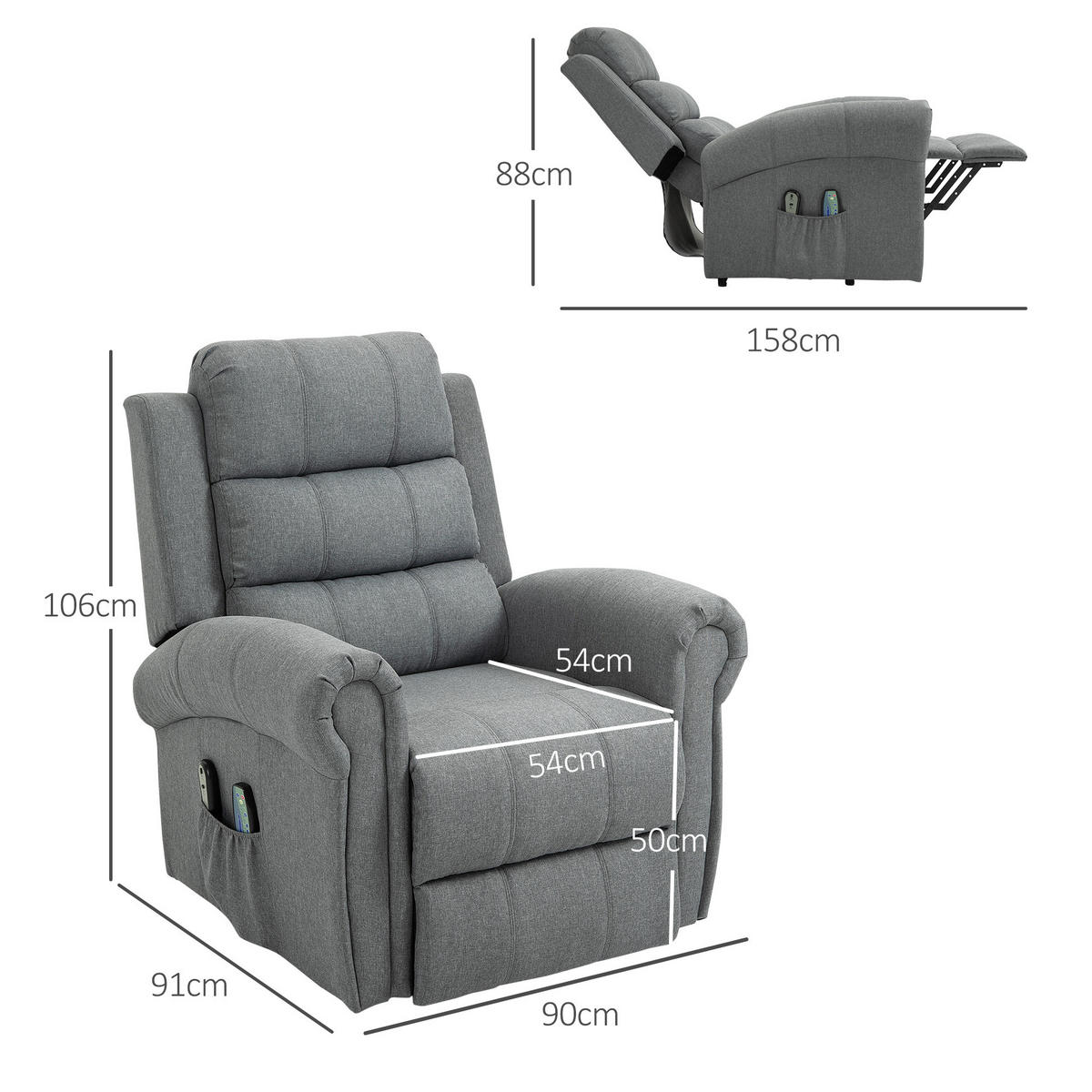 MASSAGESESSEL Wärmefunktion Massagestuhl Aufstehfunktion Fernbedienung Leinen - Grau, Textil (91/106/90cm) - HOMCOM