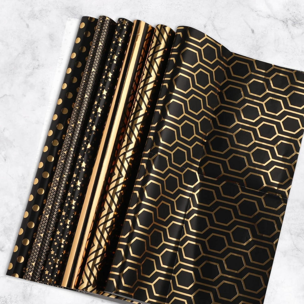 GESCHENKPAPIER Set Schwarz Gold 6 Blätter 50 x 70 cm - Multicolor, Papier (50/50/70cm)