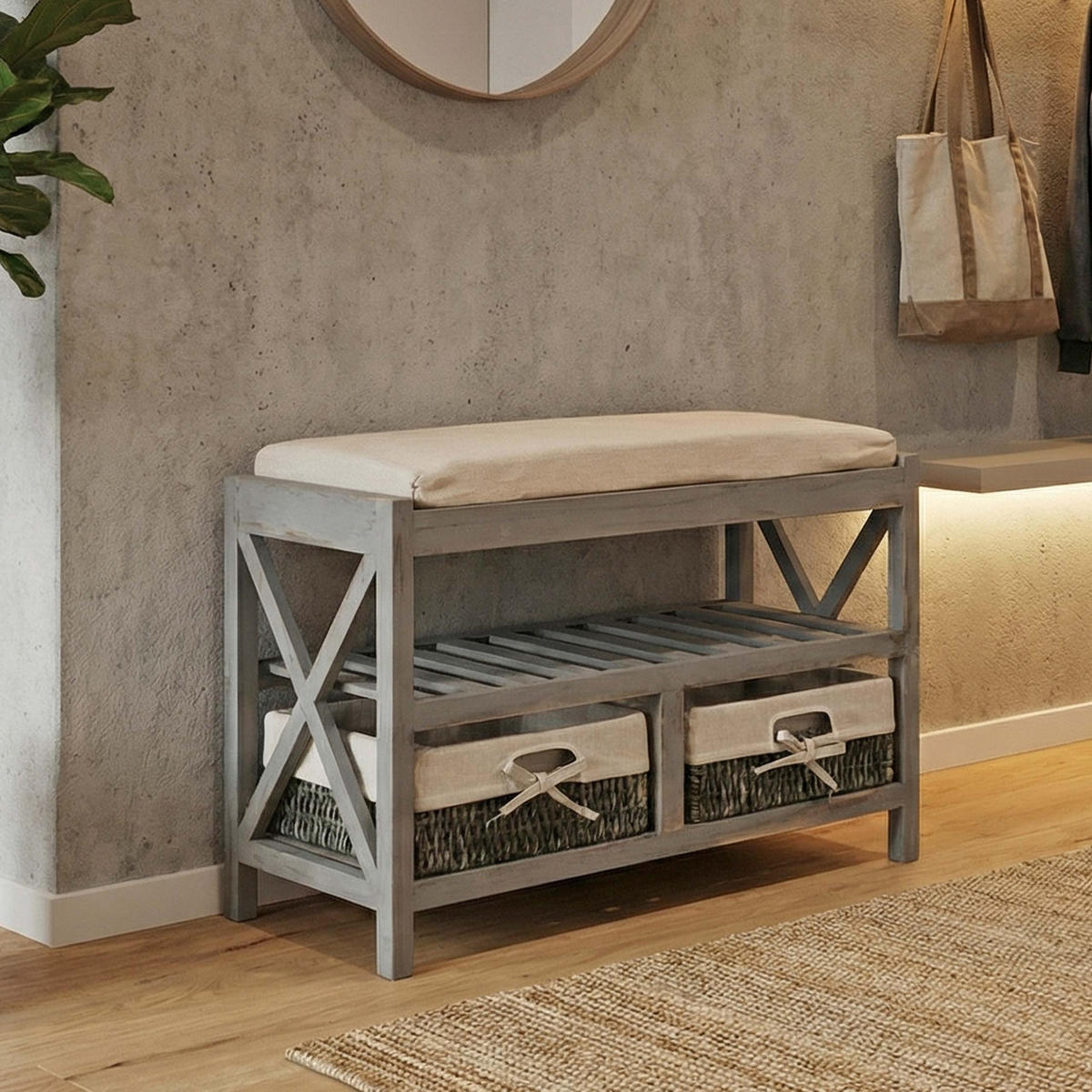 SCHUHREGAL SITZBANK Grau, Cremeweiß - Weiß/Grau, Holz (65/45/34cm) - MCW