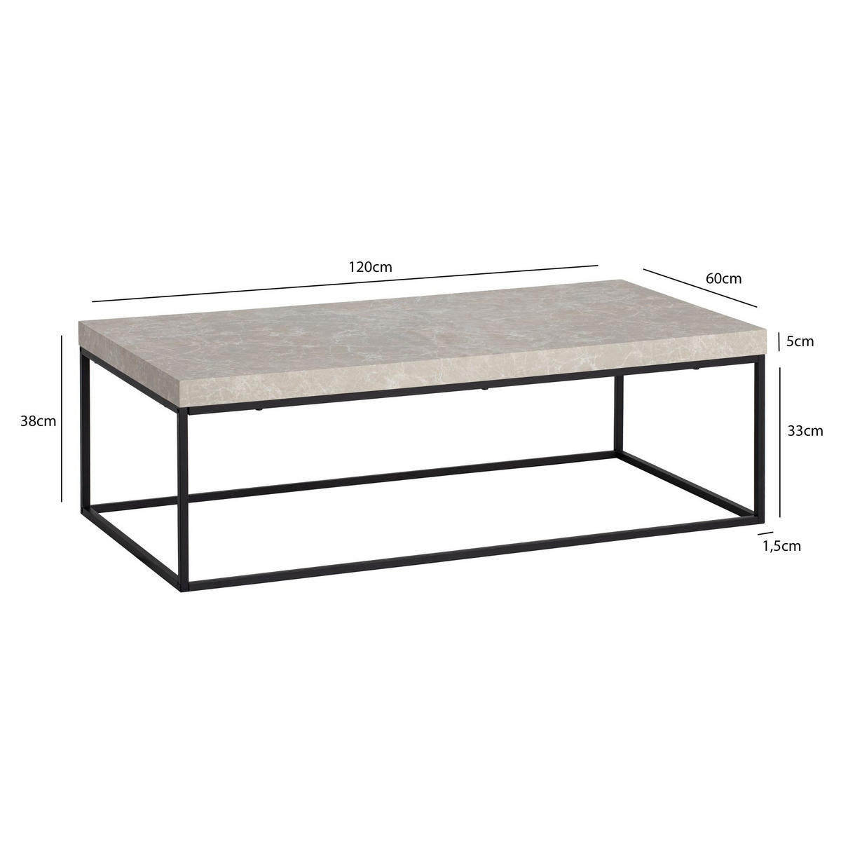 COUCHTISCH in Stein-Optik mit Metallbeinen, Modernes Design, Rechteckig, Groß, Beige 120x60x38 cm - Beige/Schwarz, Holzwerkstoff/Metall (60/120/38cm) - KADIMA DESIGN