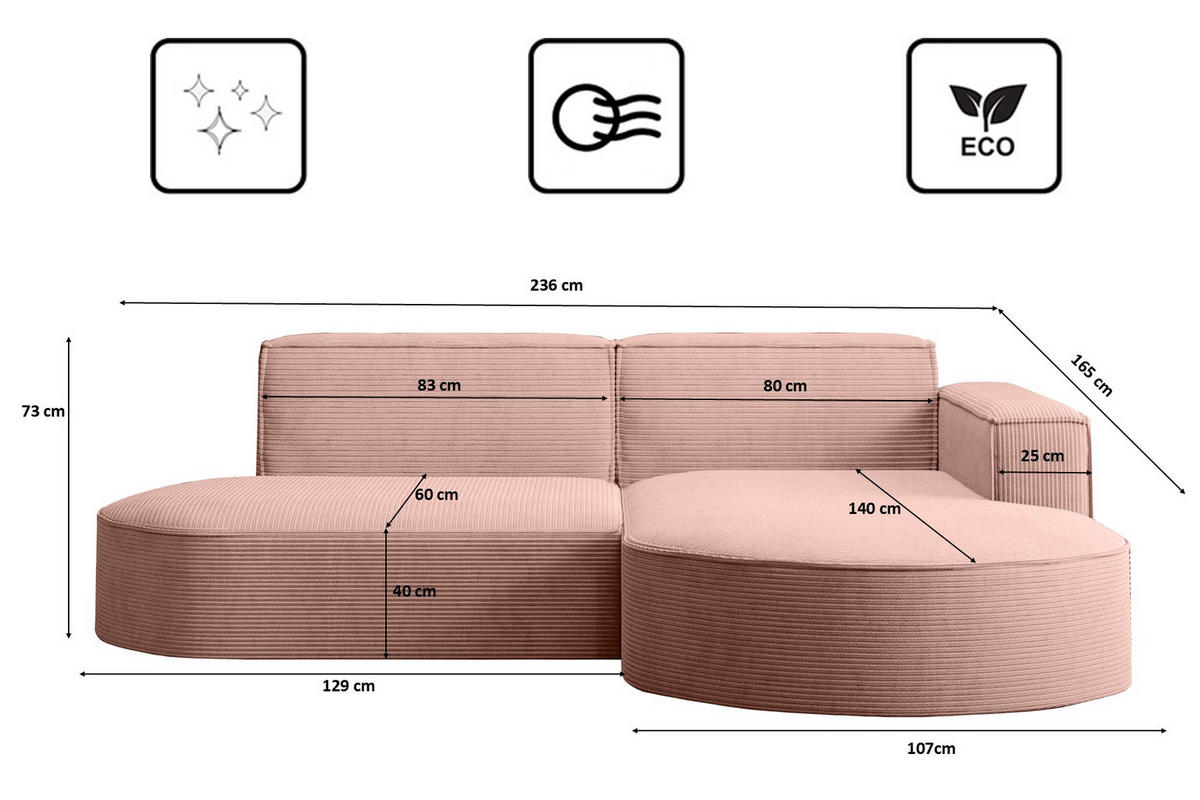 ECKSOFA Modena Studio, Cord Stoff Rosa Rechts - Rosa, Holzwerkstoff/Textil (236/165cm) - Kaiser Möbel