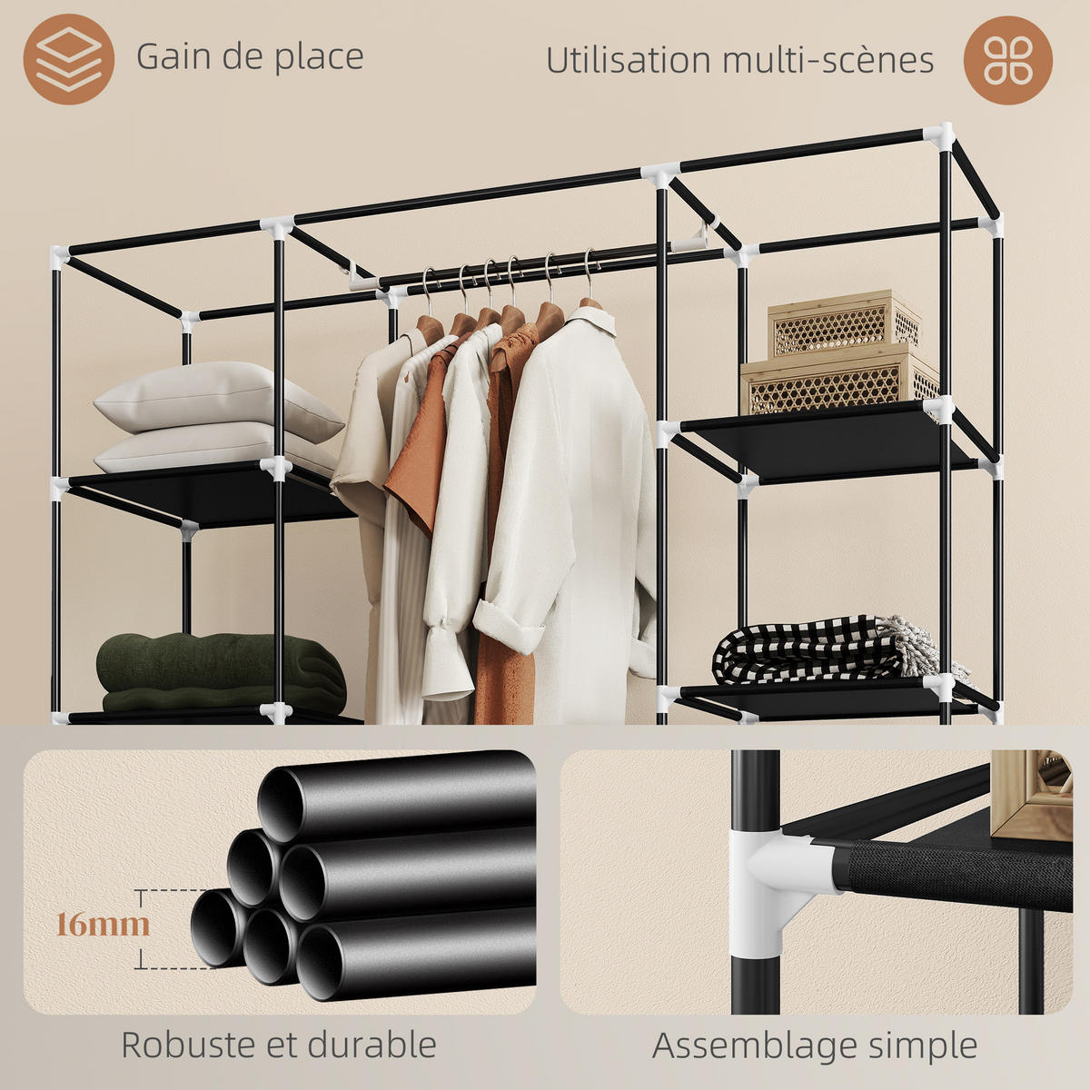 STOFFSCHRANK DE-17189 - Schwarz, Textil (43/162.5/150cm) - ComfortXL