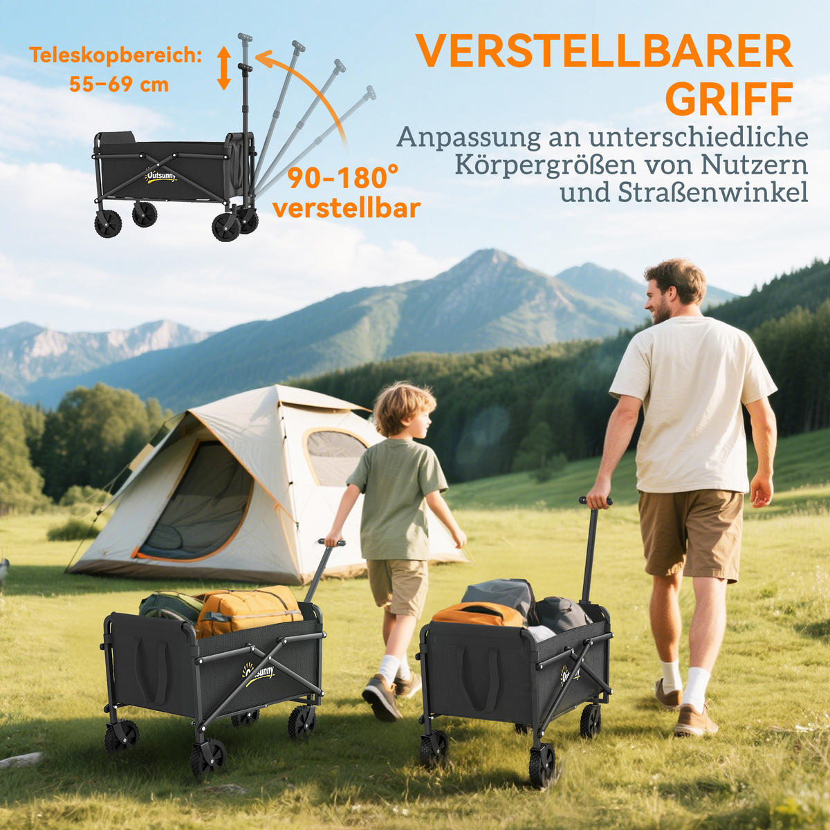 GARTENWAGEN DE-10535 faltbar, 41 L, verstellbarer Griff Schwarz - Schwarz, Metall (40/84/64cm) - ComfortXL