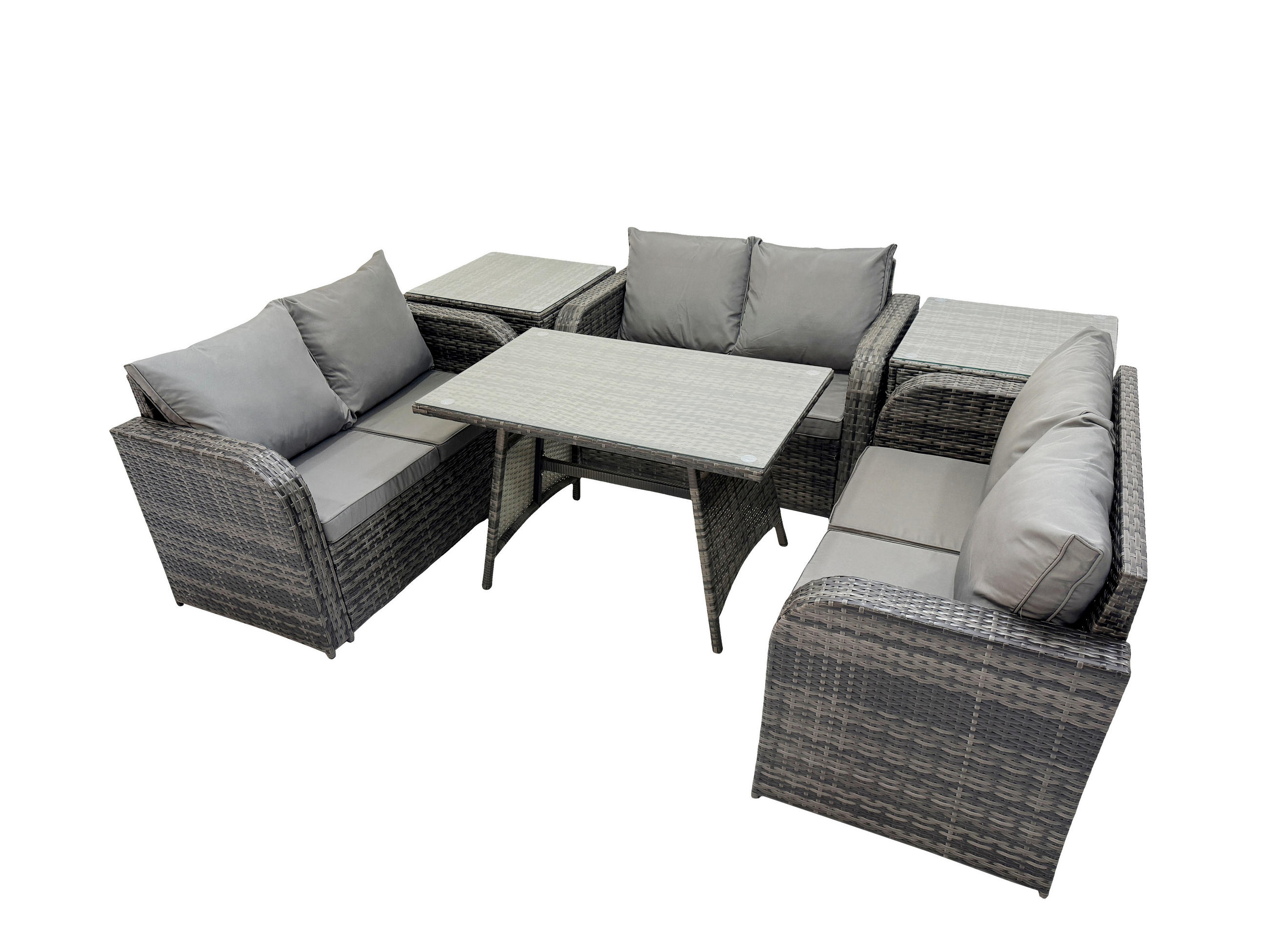 GARTENMÖBELSET mit ESSTISCH,SOFA Polyrattan 6-Sitzer - Dunkelgrau/Grau, Glas/Kunststoff - Fimous