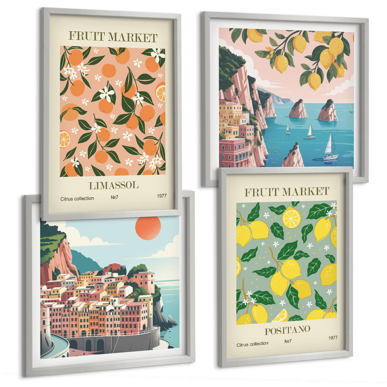 BILDER SET 4er Set - 50x50 cm & 40x60 cm Silberner Rahmen - Zitrusfrüchte der italienischen Tropen - Silberfarben, Kunststoff (50/50cm) - TULUP