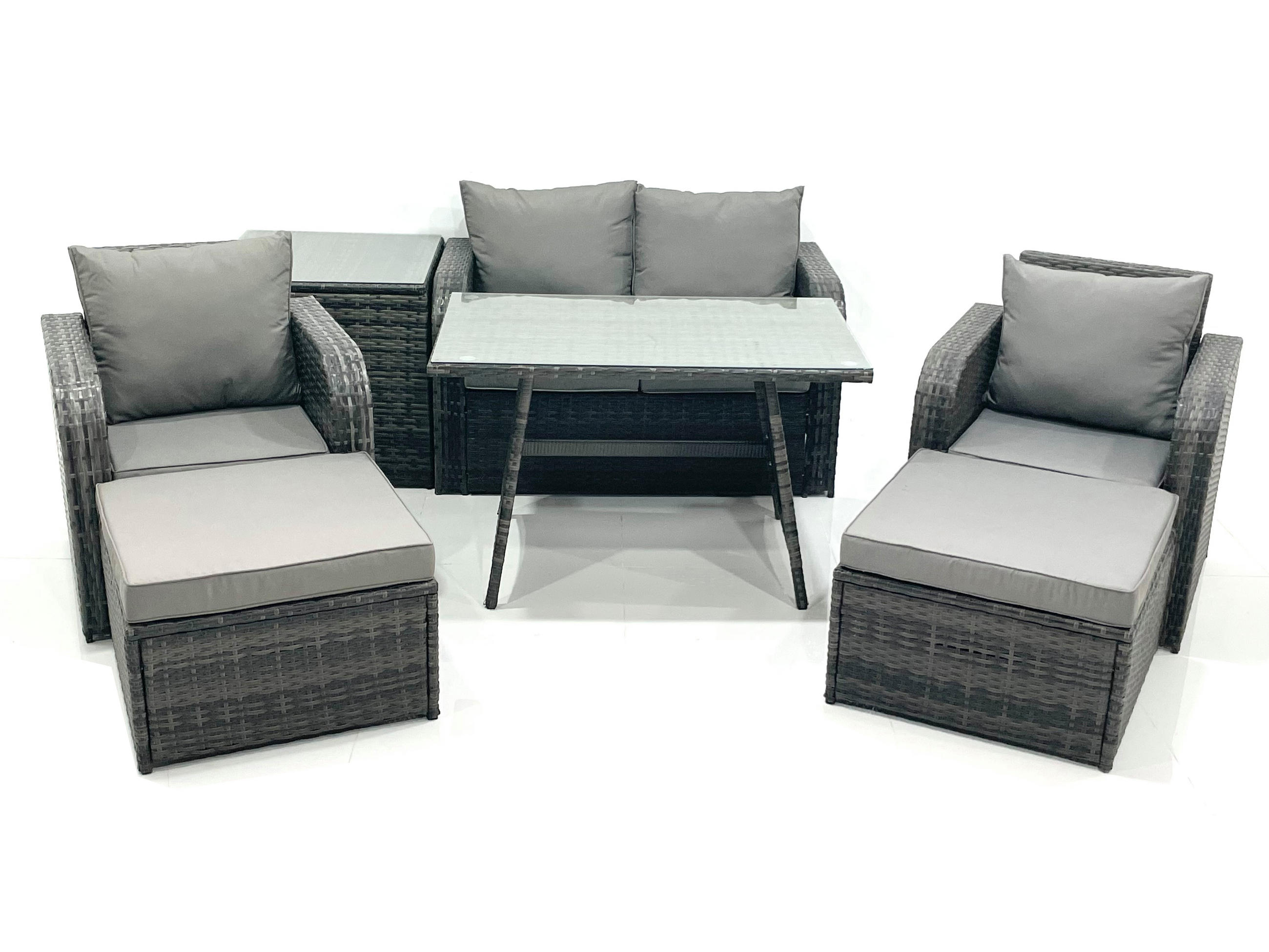 GARTENMÖBEL SET mit COUCHTISCH Polyrattan Dunkelgrau 6-Sitzer - Dunkelgrau/Grau, Glas/Kunststoff - Fimous