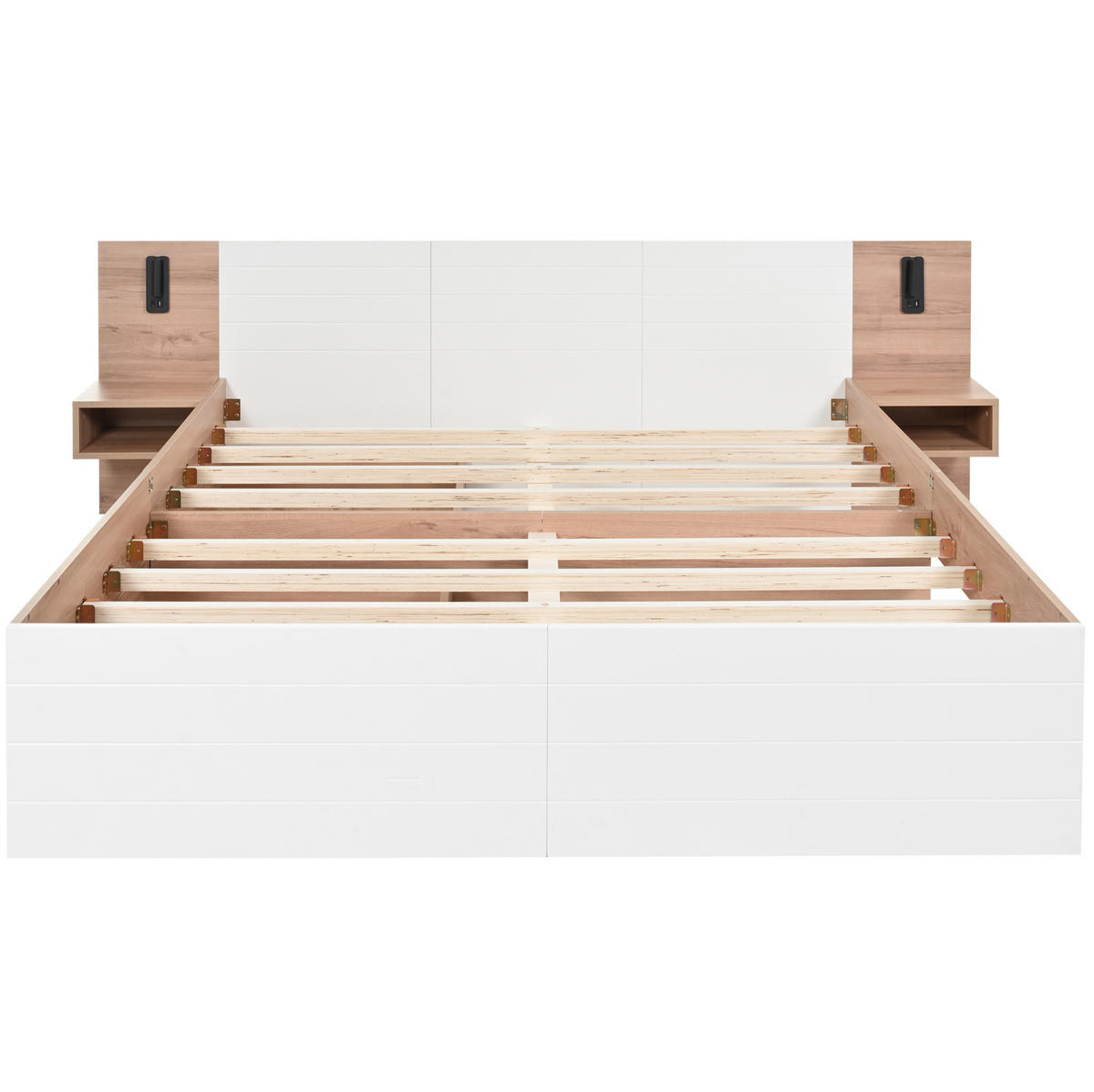 KREVET 160/200 cm s LED rasvjetom, USB priključkom i ladicama, masivno drvo i MDF, Bijela i svijetli hrast - bijela, drvni materijal (160/200cm) - Redom