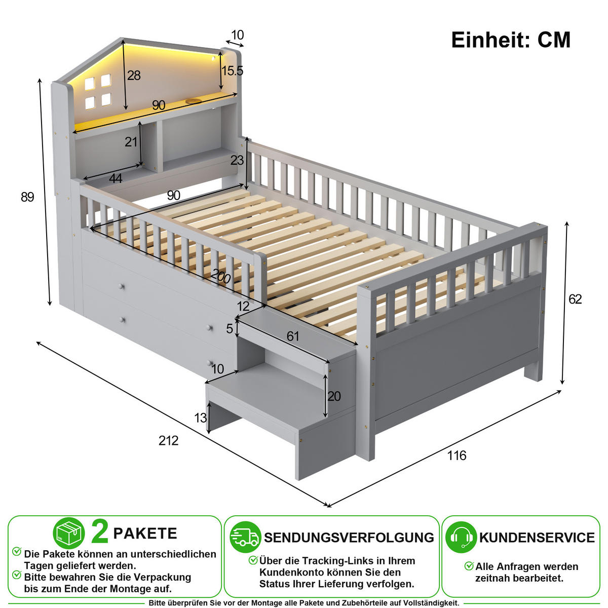 KINDERBETT 90/200 cm in Grau mit 4 Schubladen, LED und USB/Type-C - Grau, Holz/Holzwerkstoff (90/200cm) - CHICFURN