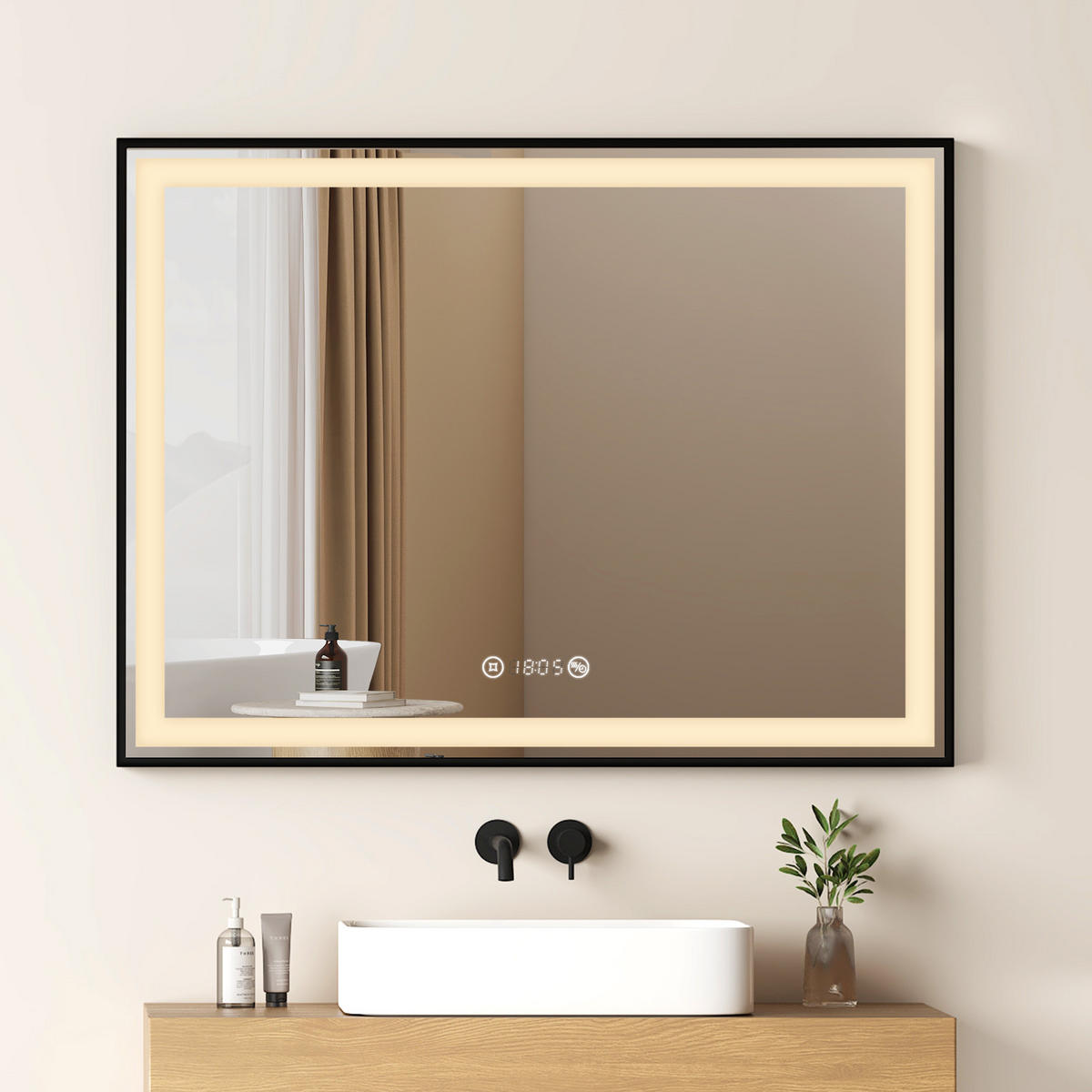 BADSPIEGEL mit Beleuchtung Schwarzer Rahmen 80/60 cm - Weiß, Glas (60/4/80cm) - EMKE