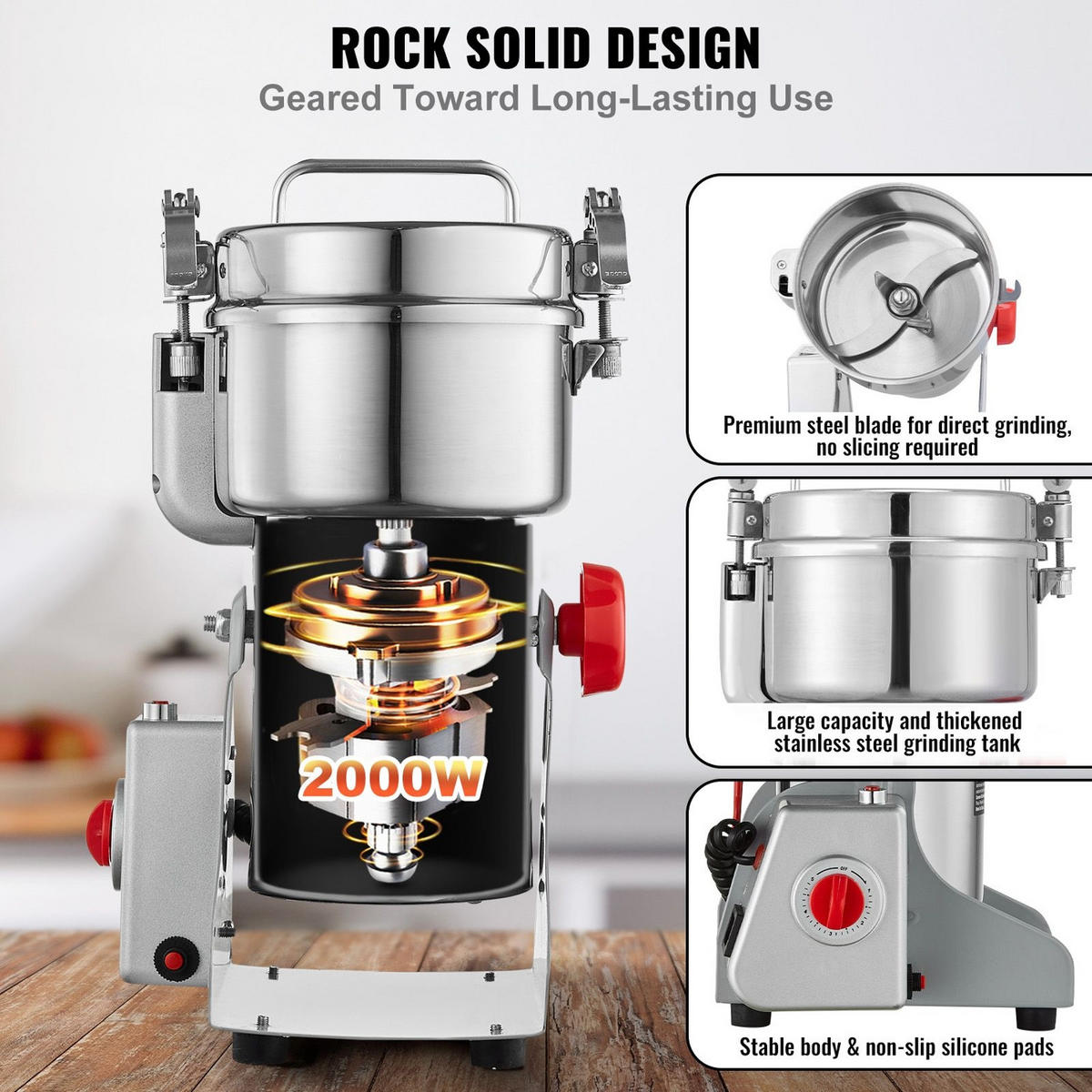 GETREIDEMUHLE Elektrische 500g, 270 GRAD SCHWENKBAR für trockene Lebensmittel - Silberfarben, Metall (24/28.01/42.01cm) - Rolipo