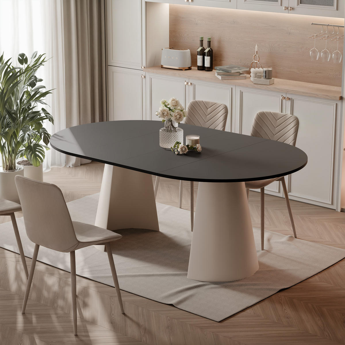 AUSZIEHTISCH BASE 120-196/76 cm, Kaschmir / Schwarz - Kaschmir/Schwarz, Holzwerkstoff/Metall (120/120/76cm) - Idohome