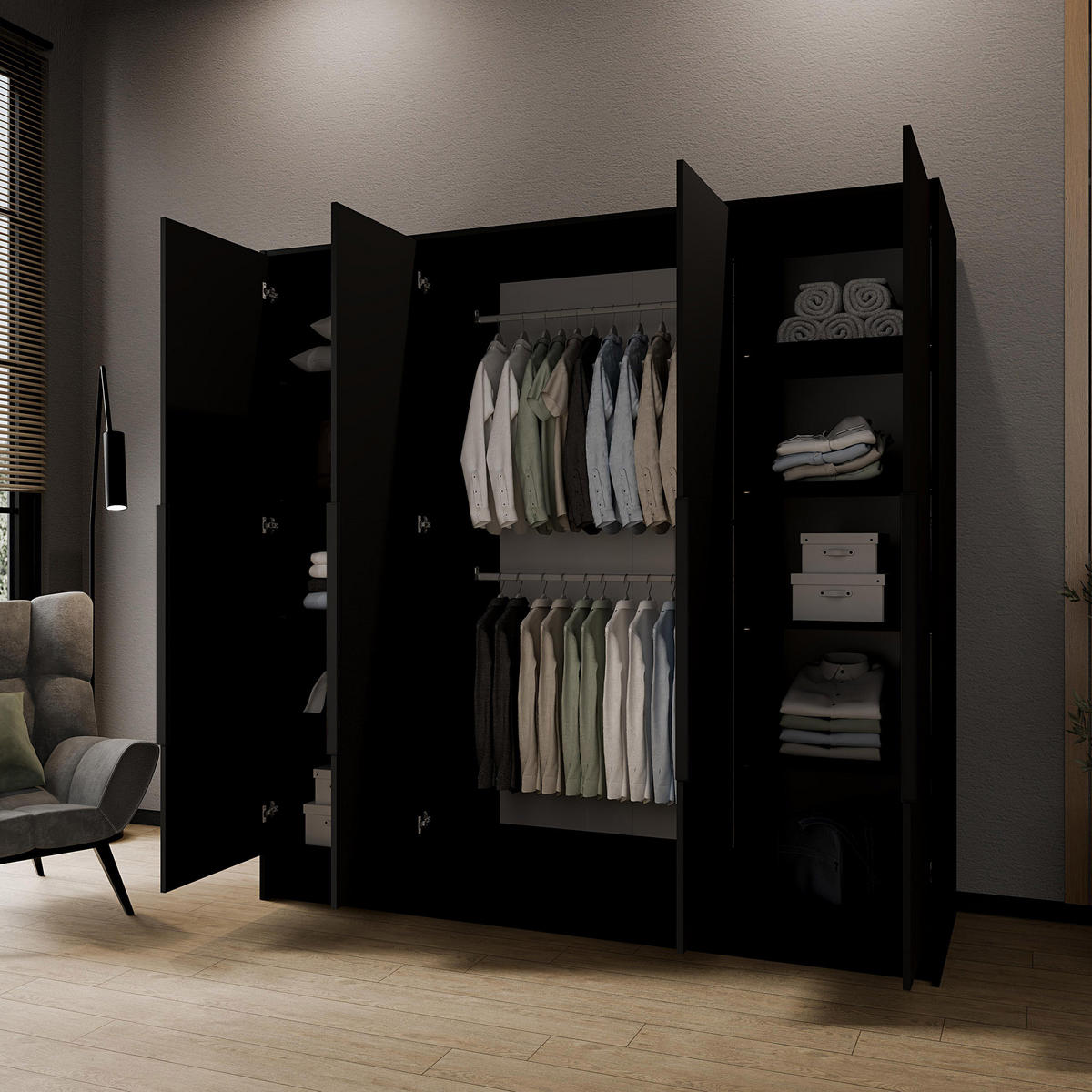 DREHTÜRENSCHRANK Pavia ohne Spiegel, Schwarz mit mit schwarzen Griffen, 200 cm - Schwarz, Holzwerkstoff (200/200/51cm) - Beautysofa