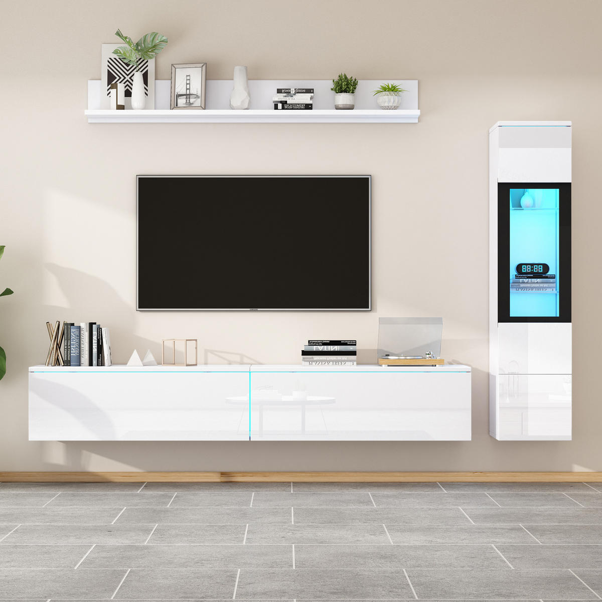 WOHNWAND-SET in Weiß mit LED Beleuchtung für Wohnzimmer, B180/T30/H130 cm - Weiß, Glas/Holzwerkstoff (180/30/33cm) - STILVORA