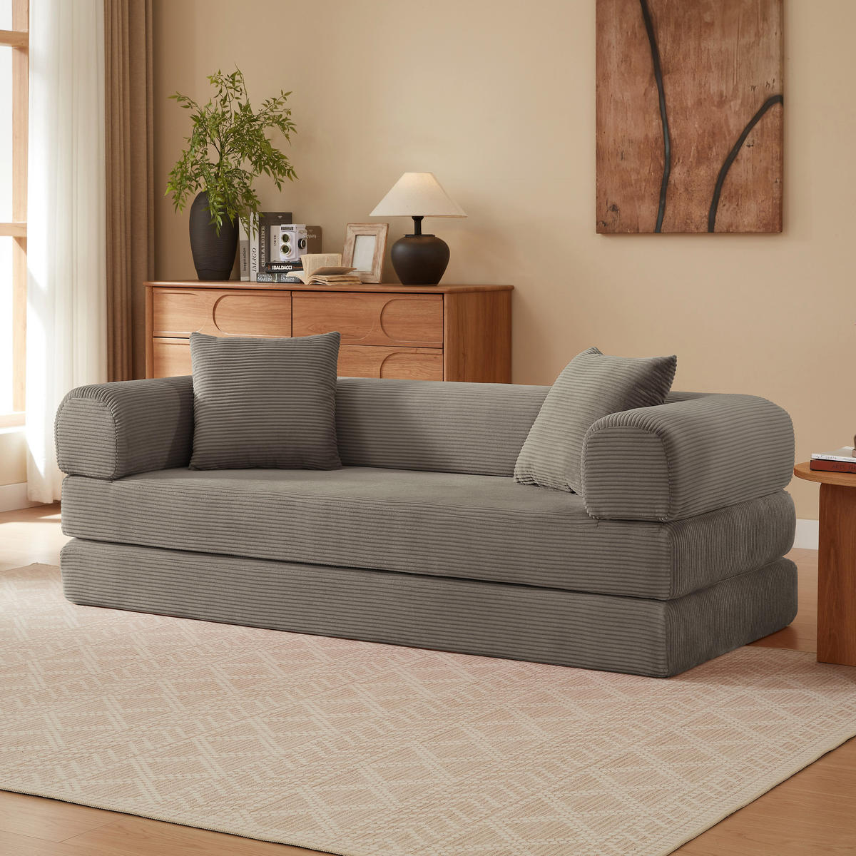 SCHLAFSOFA aus Cord in Taupe – 2-in-1 Bodensofa & Gästebett ohne Montage - Taupe, Textil (89/59/195cm) - Urban Meuble