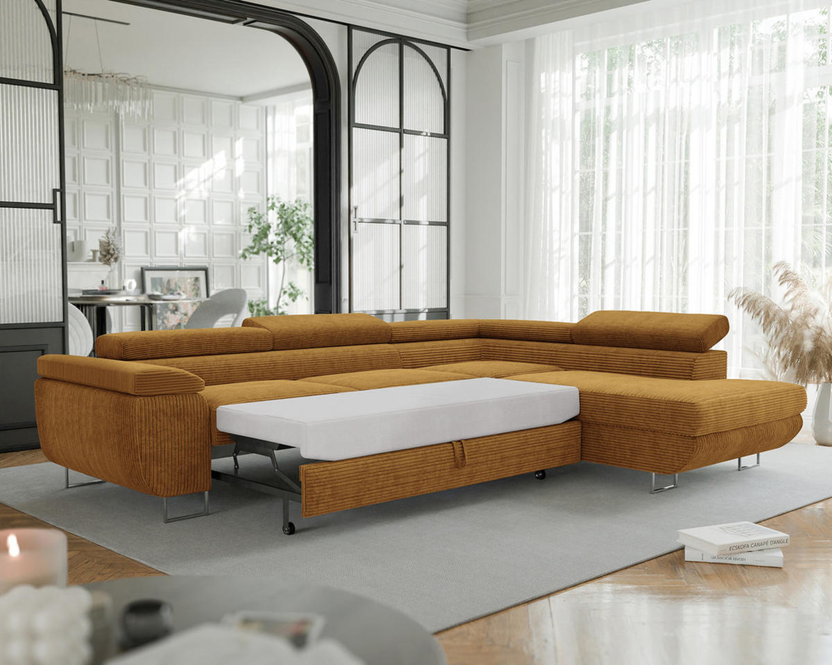 ECKSOFA ANTON mit Schlaffunktion und Bettkasten Senfgelb - Currygelb, Holzwerkstoff/Kunststoff (274/203cm) - Idohome