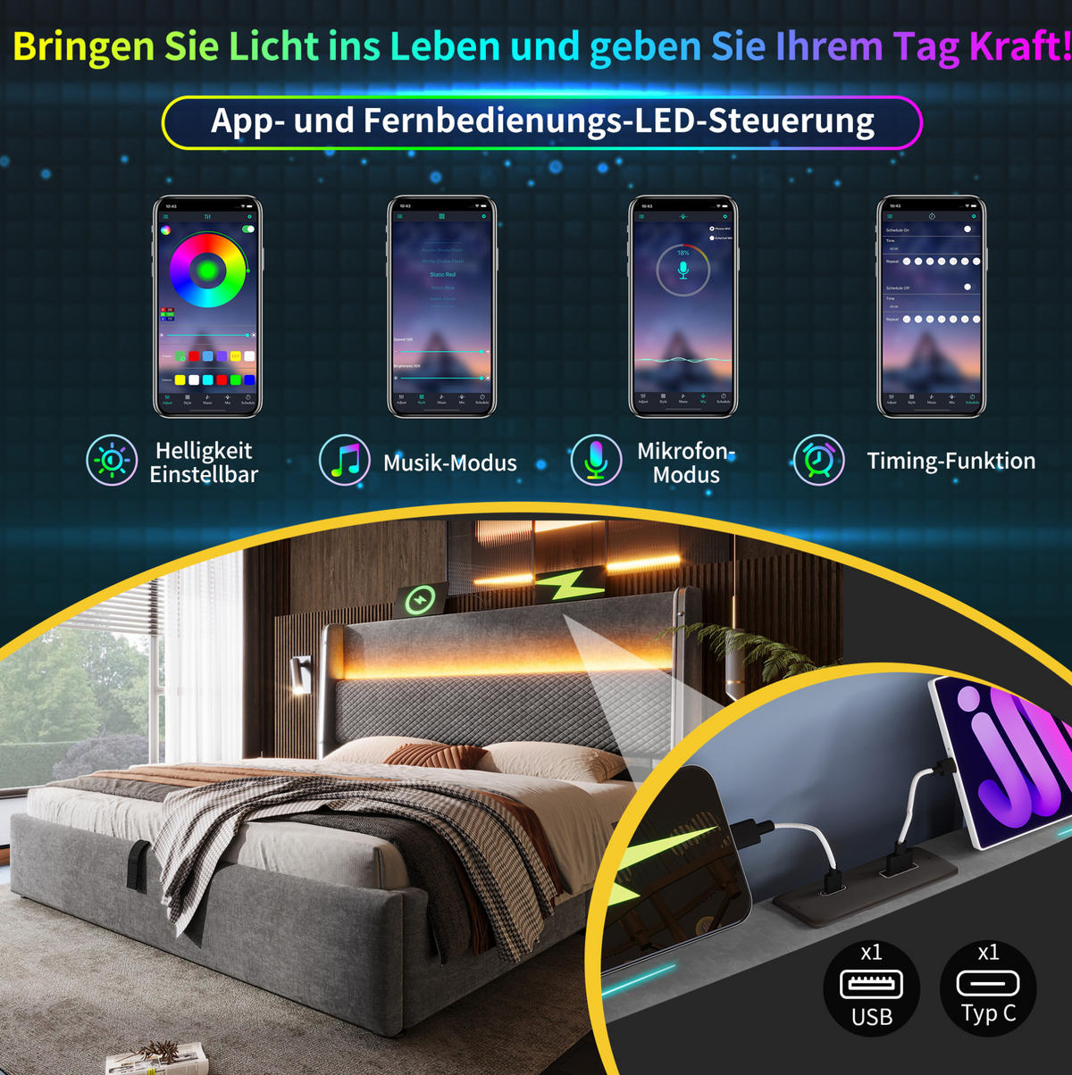POLSTERBETT 90/200 cm Grau mit Stauraum, LED und USB- und Type-C-Anschlüssen - Grau, Textil (90/200cm) - Flora Grace