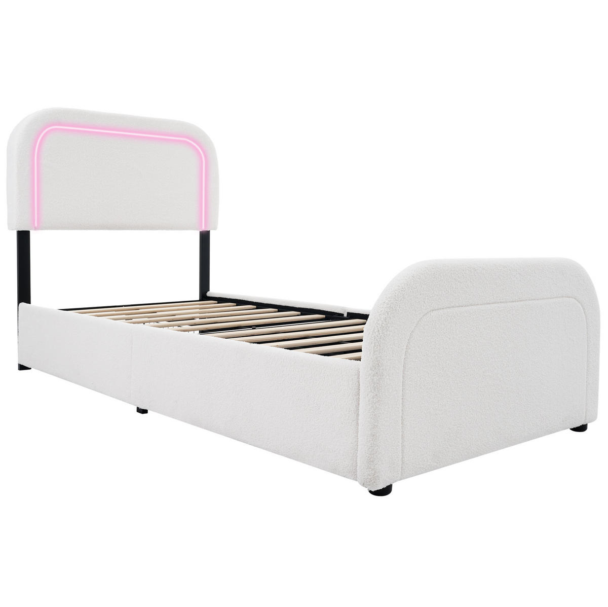POLSTERBETT 90/200 cm Weiß aus Sherpa mit LED-Beleuchtung, USB-C und 2 Schubladen - Weiß, Textil (90/200cm) - OKMYHOME