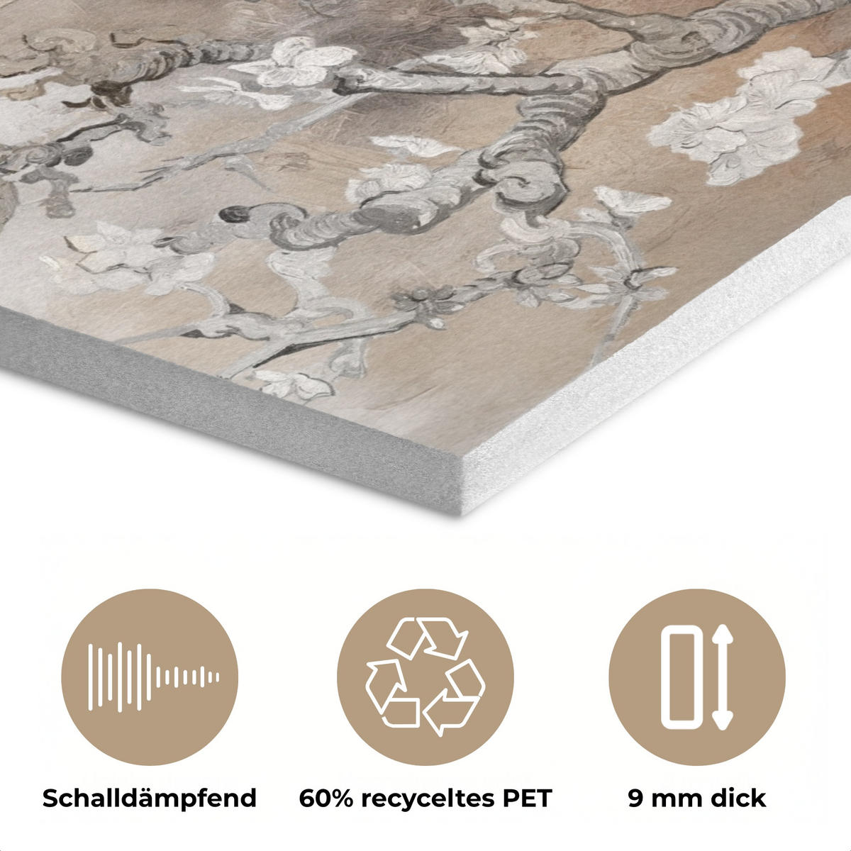 AKUSTIKPANEEL Mandelblüte - Kunst - Van Gogh - Beige - Abstrakt 90x90 cm - Braun, Textil (90/0.9cm) - MuchoWow