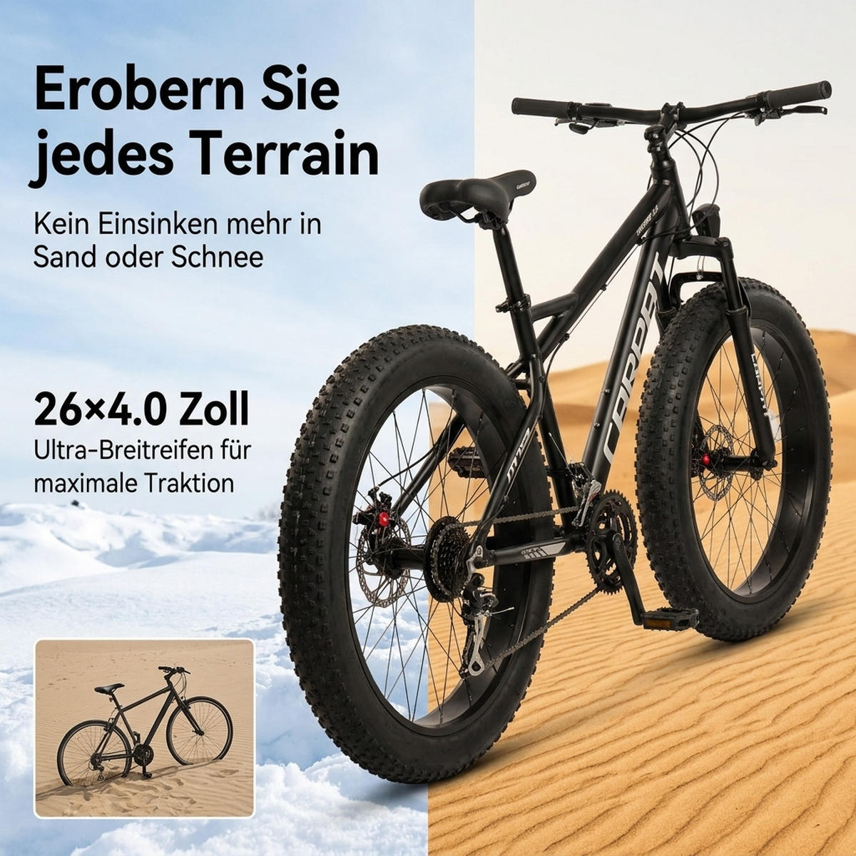MOUNTAINBIKE 26 Zoll Schwarz + Weiß – 4.0 Zoll Fettreifen – 2x8 Gangschaltung – Aluminiumlegierung - Schwarz, Metall (24cm) - Oxeza