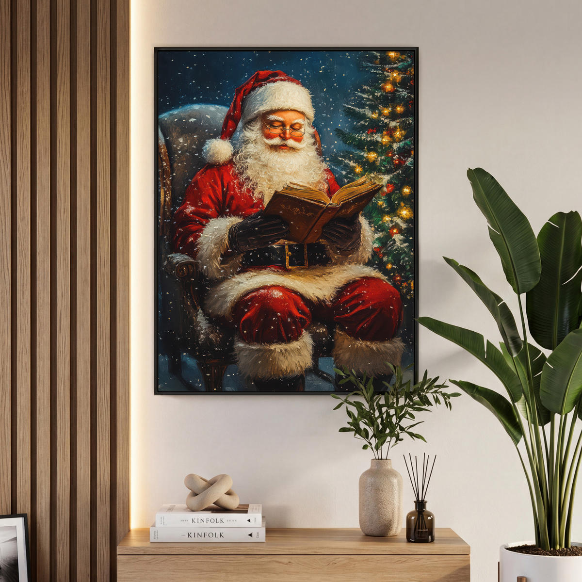 LEINWAND Bilder mit Rahmen - Weihnachtsmann - Weihnachten - Winter - Weihnachtsbaum - 70x100 - Bordeaux, Textil (70/100cm) - MuchoWow