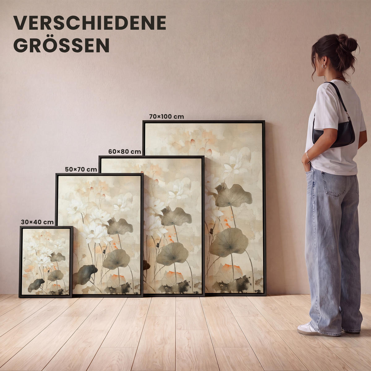 LEINWAND Bilder mit Rahmen - Blumen - Japandi - Wabi sabi - 30x40 - Sandfarben, Textil (30/40cm) - MuchoWow
