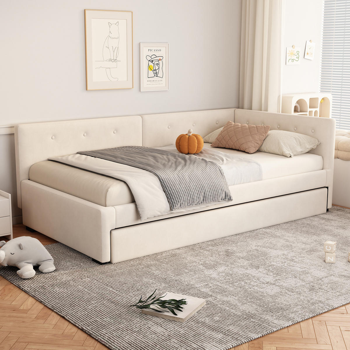 BETT 90/200 cm mit Kopfteil & ausziehbarem Rollbett, inkl. Lattenrost, Samt Beige - Beige, Textil (90/200cm) - BEAOK