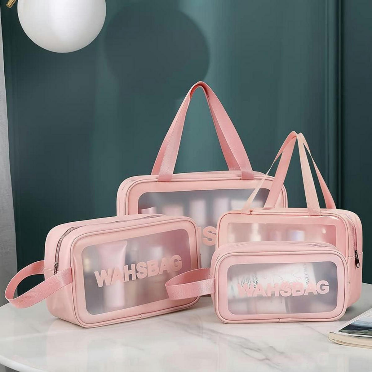 KULTURBEUTEL 5-teiliges Set, transparent, in Rosa - Rosa, Kunststoff (22.4/4.8/32.3cm)