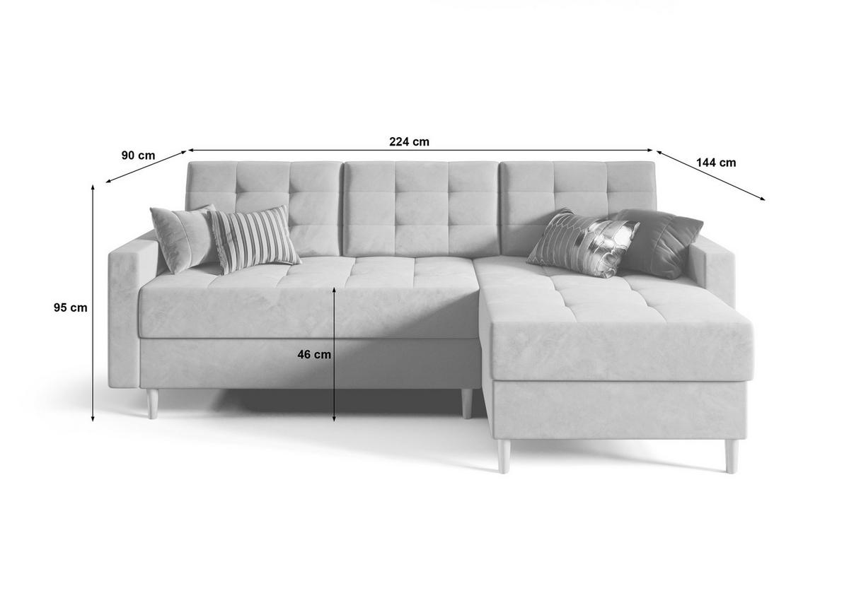 ECKSOFA BARI RN01, Eckcouch in L-Form mit Schlaffunktion, Farbe: Grau, Velourstoff, Ottomane Rechts - Grau, Textil (224/144cm) - O-Sofa
