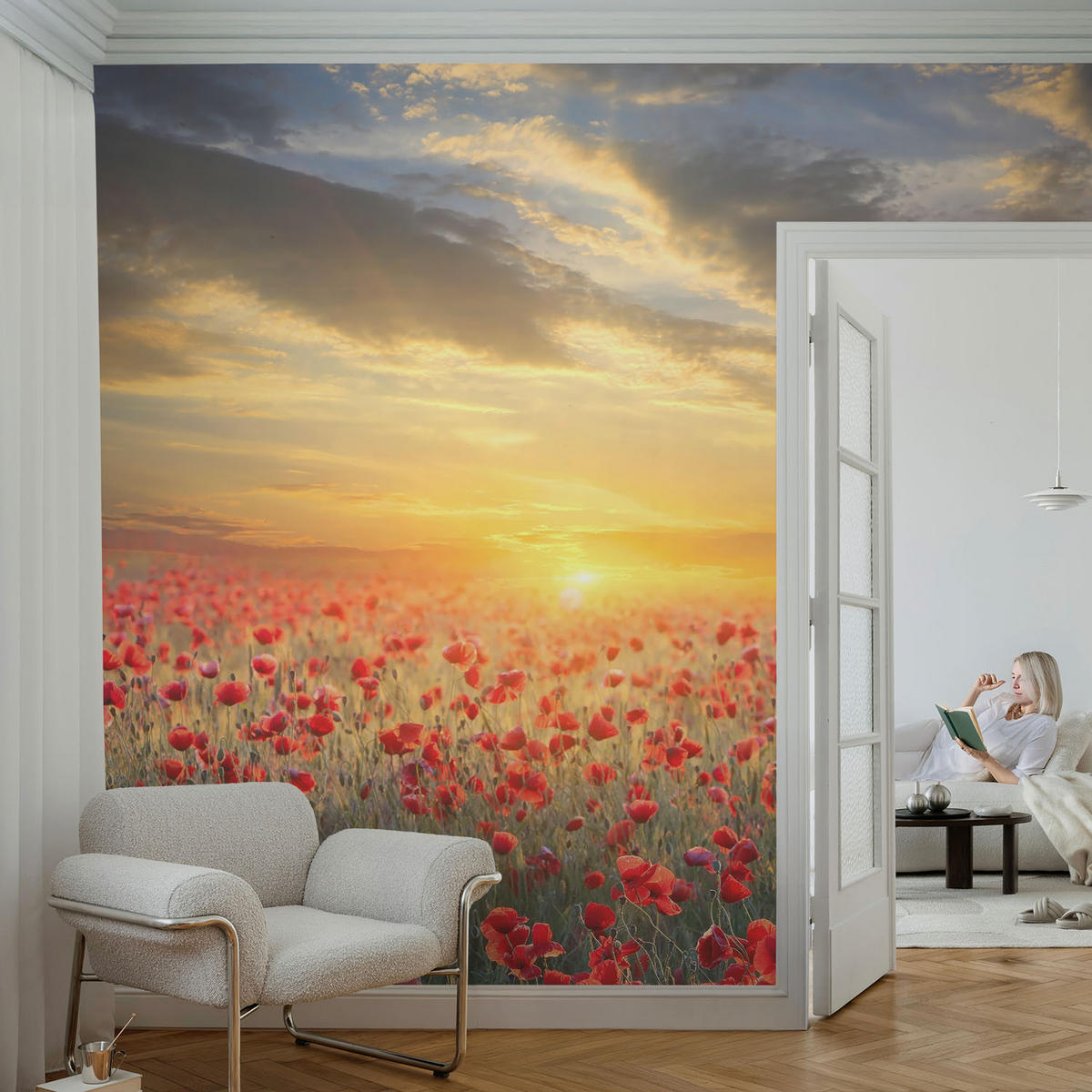 FOTOTAPETE 104x70 cm - Mohnfeld - Rot, Textil (104/70cm) - Wallfluent